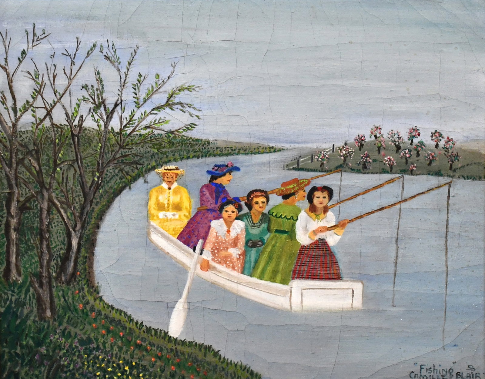 Camille Blair. Fishing.: Camille Blair. Fishing. 1956. Signed, dated, and titled. Oil on canvas. Large and heavy crazing throughout. Minor foxing on verso, otherwise good condition. Image is 19" w x 15" h. Frame is 25" w x