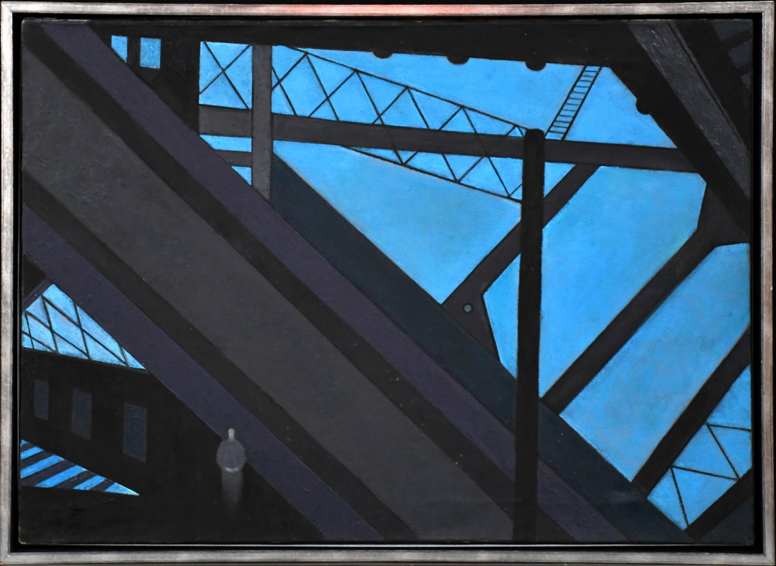 Elaine Wesley. Figure On Industrial Bridge.: Elaine Wesley. (1923-2007). Figure On Industrial Bridge. Stamped on verso. Oil on canvas. Minor surface grime throughout, otherwise good condition. Size with frame is 29.5" w x 21.5" h. Est.