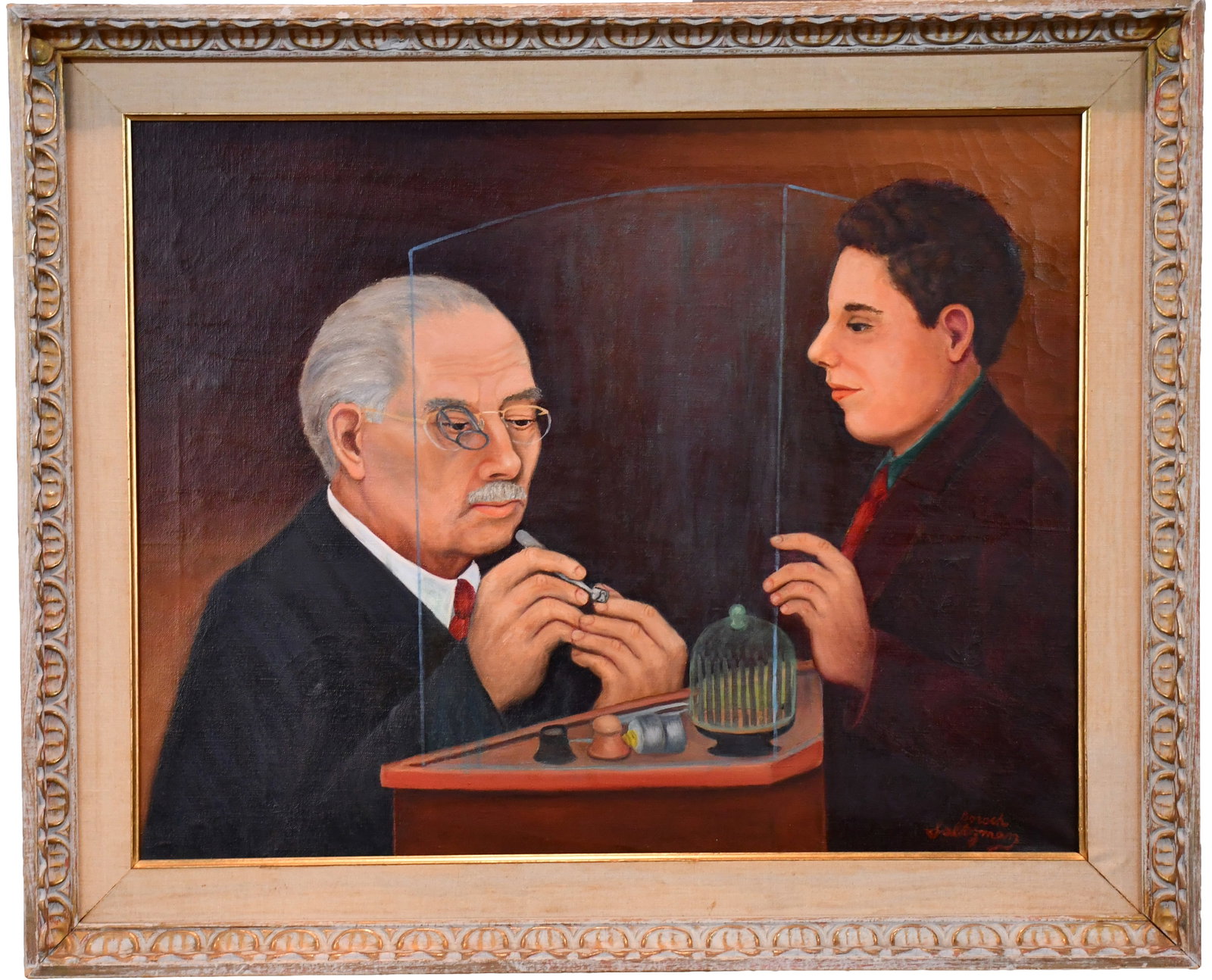 Borock Saltzman. Making the Ring.: Borock Saltzman. Making the Ring. Signed. Oil on canvas. Excellent condition. Image is 28" w x 22" h. Frame is 34" w x 28" h. Est. $300-500. Ship: $150 Please Read Before You Bid: By registering