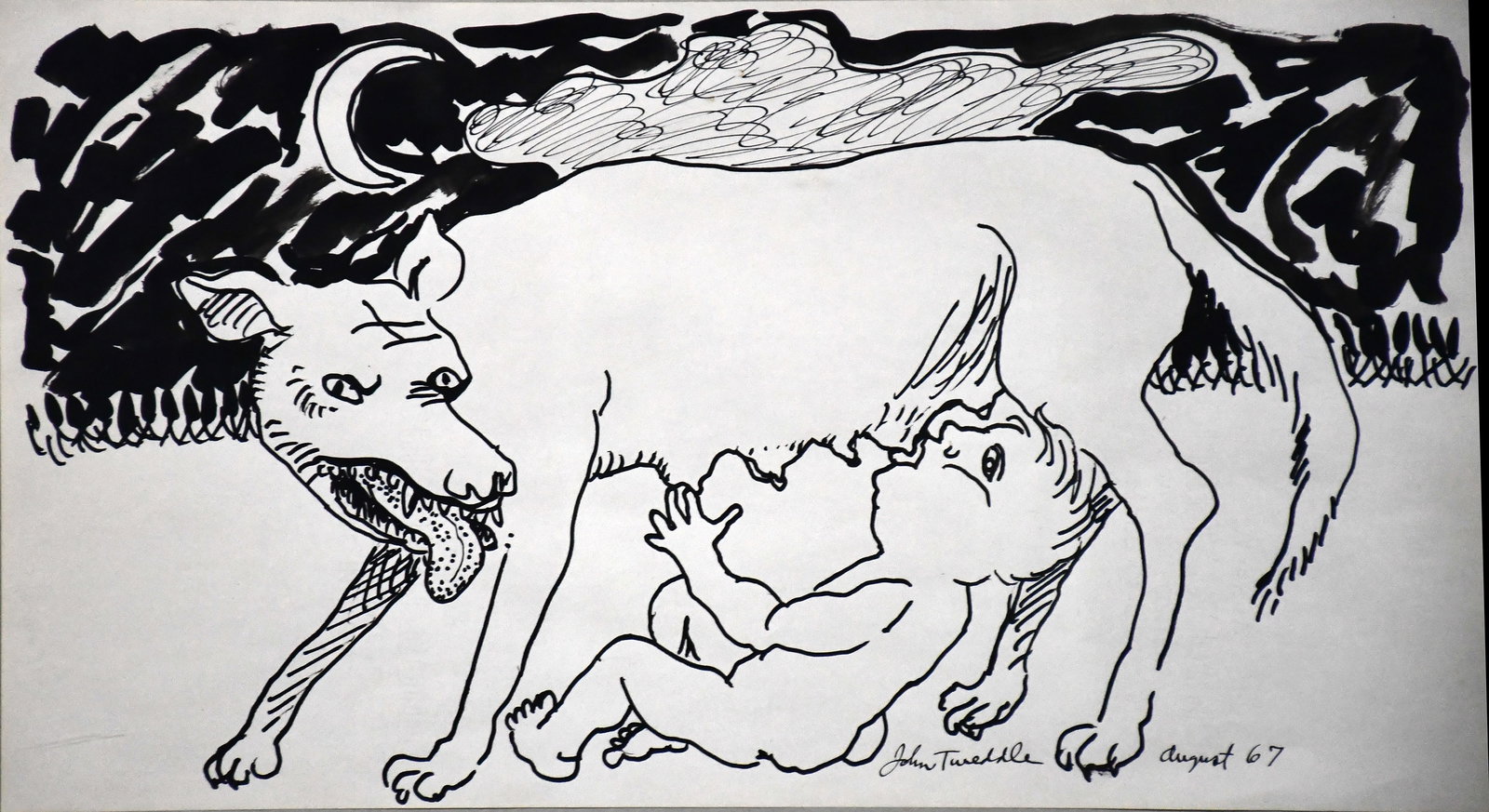 John Tweddle. Being Raised By Wolves.: John Tweddle. (1938-2022). Being Raised By Wolves. 1967. Signed and dated. Paint and marker on paper. Minor toning of paper, otherwise excellent condition. Image is 20" w x 11" h. Frame is 25" w x