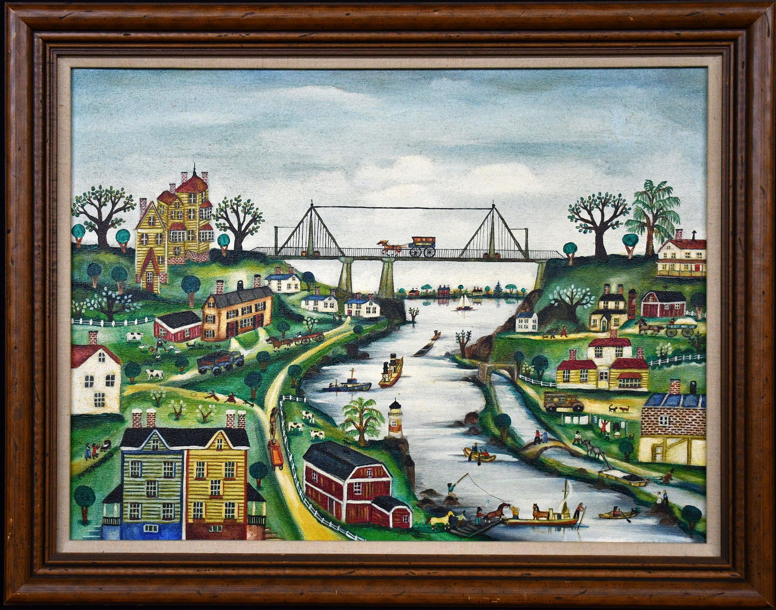 Janet Munro. Along the Riverbend.: Janet Munro. Along the Riverbend. Signed. Oil on canvas. Excellent condition. Size with frame is 28.5" w x 22" h. Est. $500-800. Ship: $75 Please Read Before You Bid: By registering for and/or