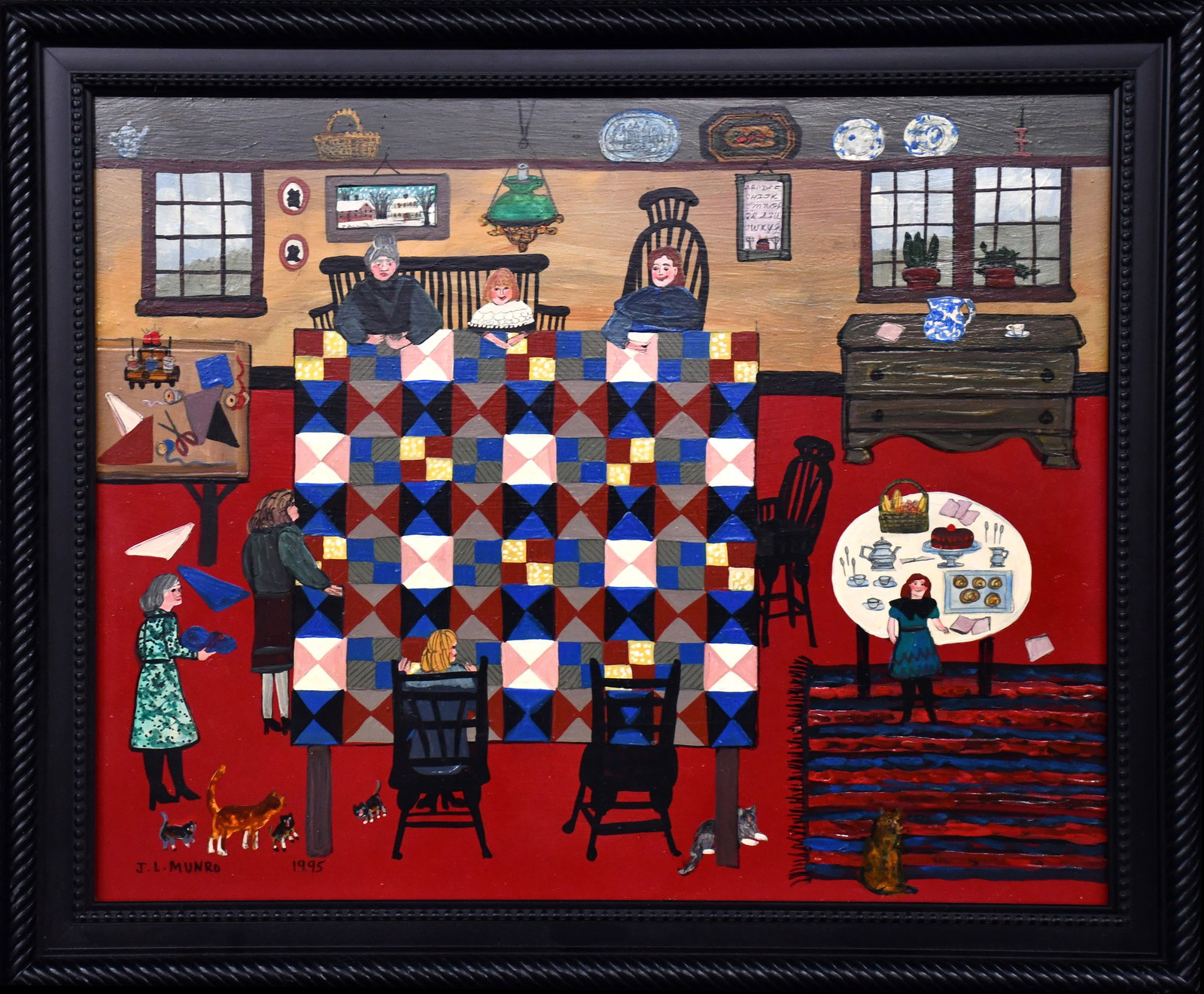 Janet Munro. A Quilting Lesson.: Janet Munro. A Quilting Lesson. 1995. Signed, dated, and titled. Oil on Masonite. Great condition. Size with frame is 24" w x 20" h. Est. $400-600. Ship: $55 Please Read Before You Bid: By