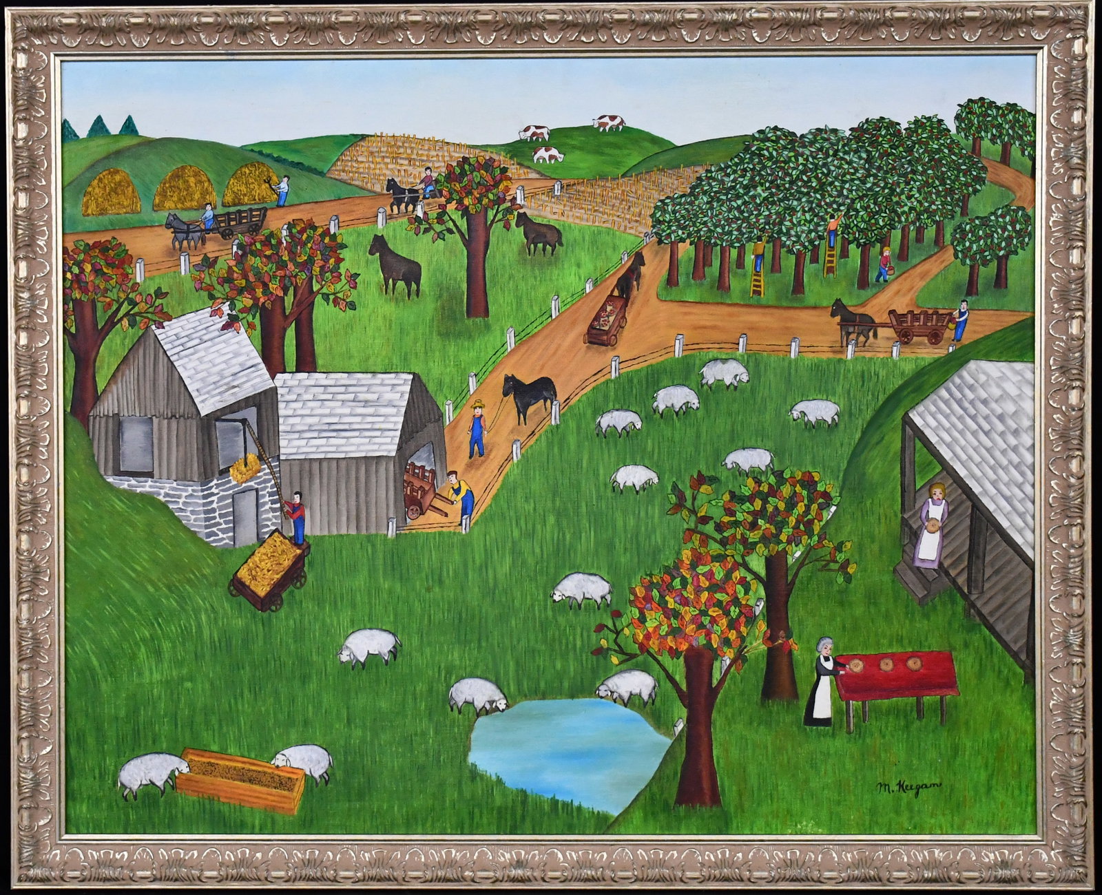 Marie Keegan. Fall Time on the Farm.: Marie Keegan. Fall Time on the Farm. Signed. Oil on canvas. Excellent condition. Size with frame is 33" w x 27" h. Est. $500-800. Ship: $100 Please Read Before You Bid: By registering for and/or