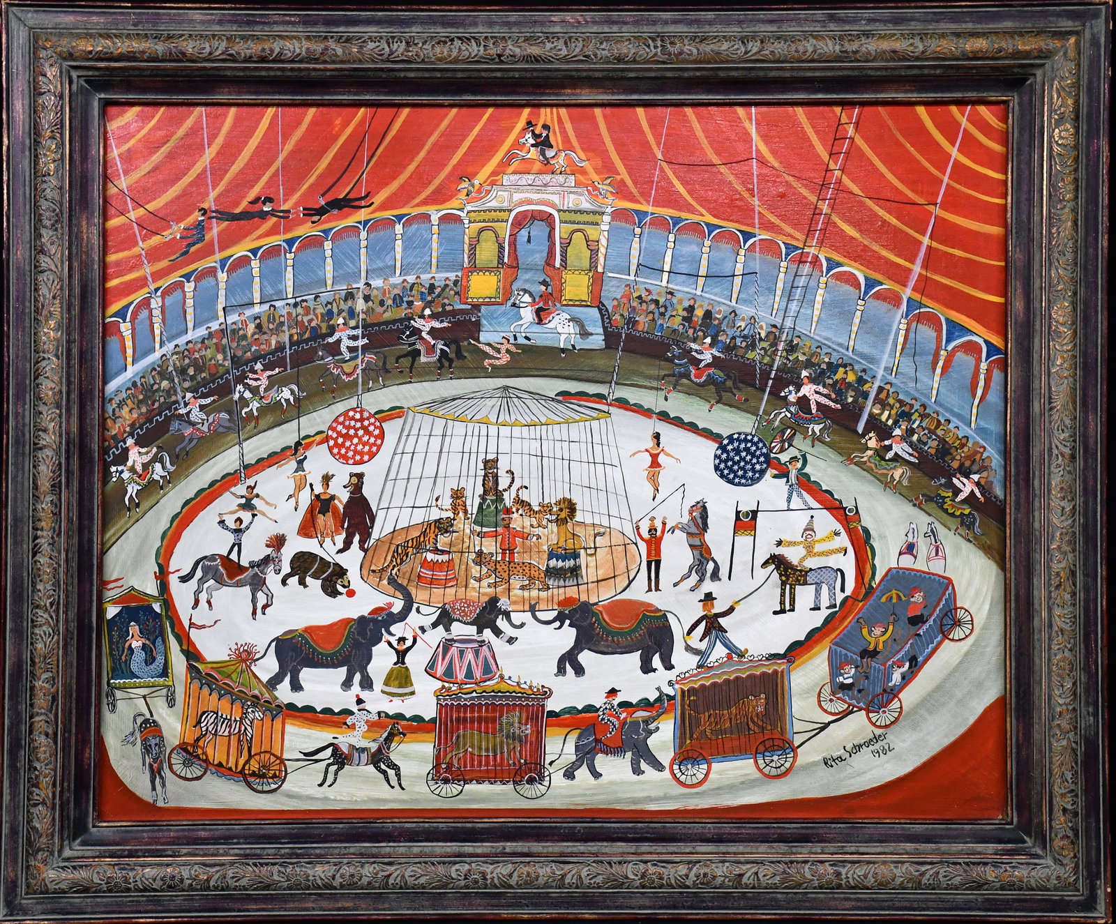 Rita Schroder. Under the Big Top.: Rita Schroder. Under the Big Top. 1982. Signed and dated. Oil on Masonite. Excellent condition. Size with frame is 36" w x 30" h. Est. $500-800. Ship: $150 Please Read Before You Bid: By registering f