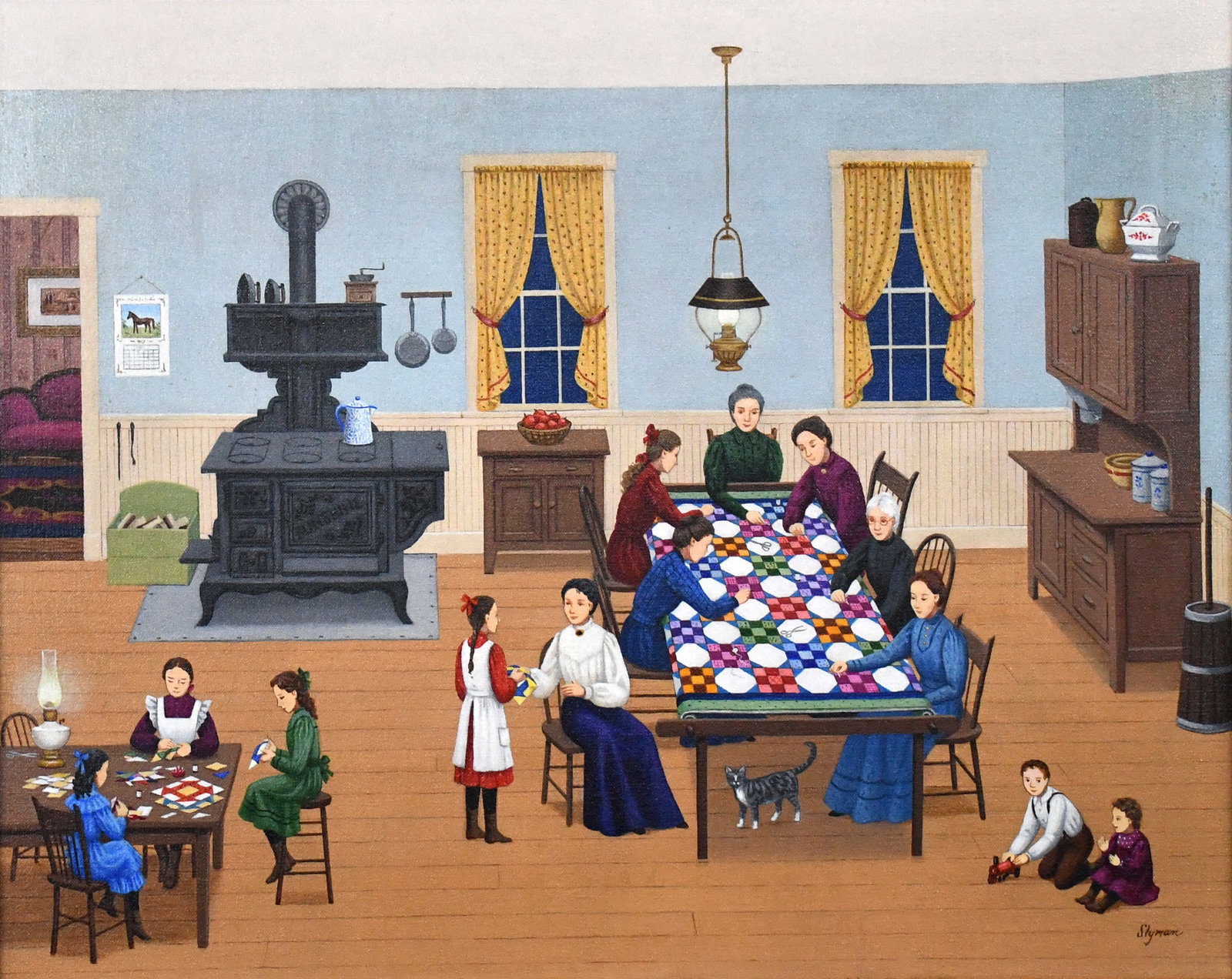 Susan Slyman. Quilting Bee.: Susan Slyman. Quilting Bee. 1986. Signed and dated. Oil on canvas. Excellent condition. Size with frame is 23.5" w x 19.5" h. Est. $300-500. Ship: $55 Please Read Before You Bid: By registering