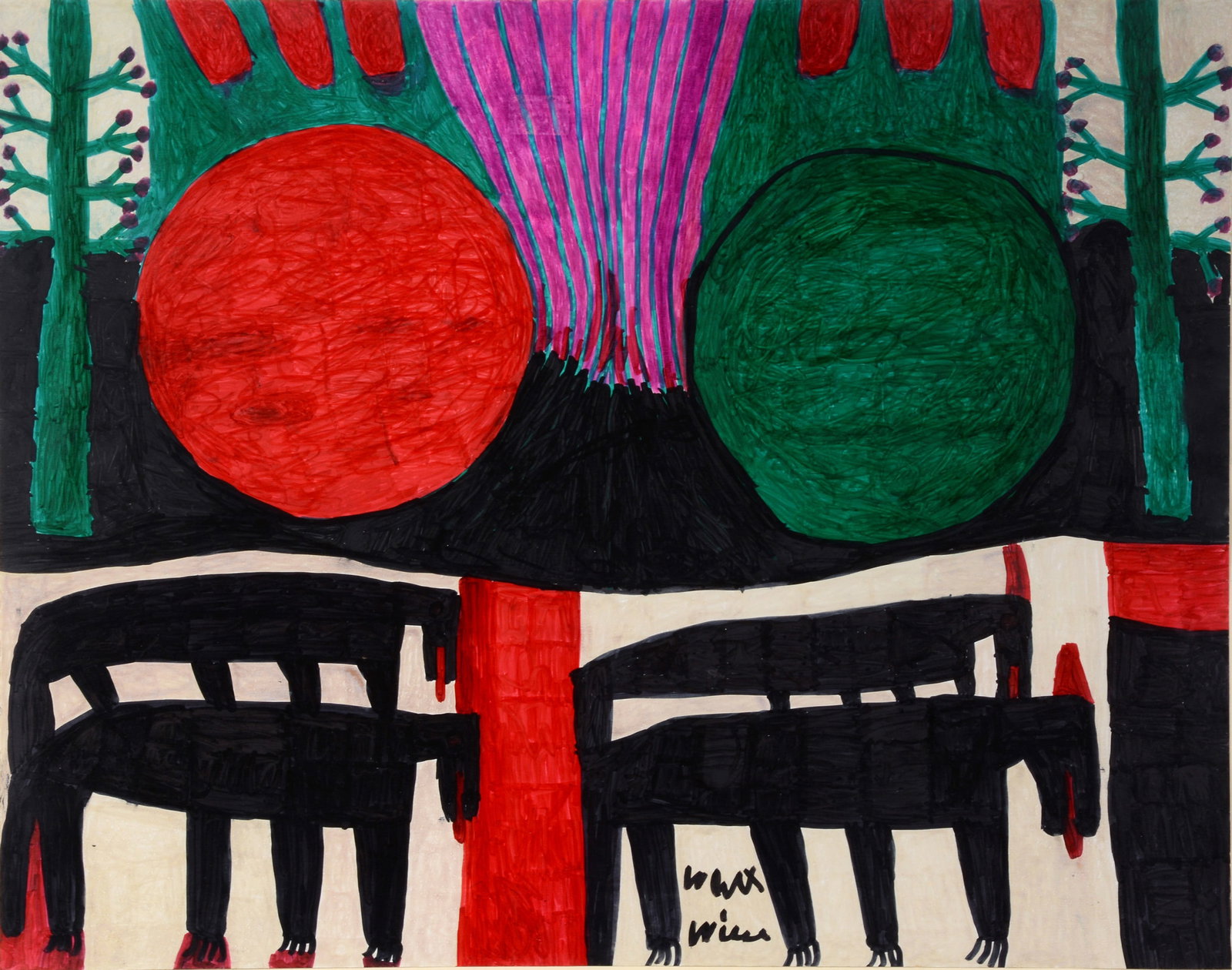 Willie White. Four Black Horses.: Willie White. Four Black Horses. Signed. Marker on poster. Excellent condition. 34" w x 29" h with frame. A Masterpiece example. Est. $500-800. Ship: $150 Please Read Before You Bid: By