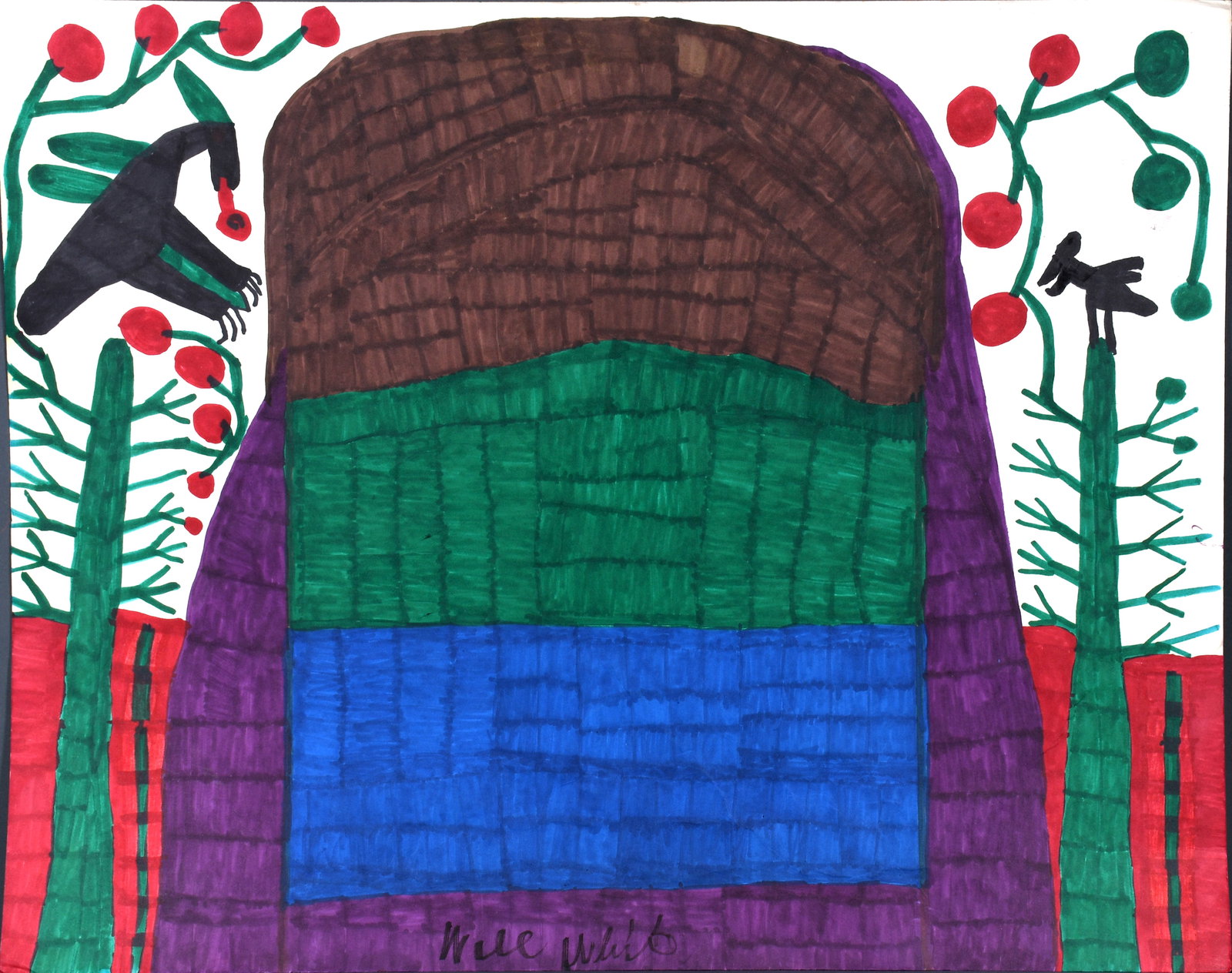 Willie White. Birds, Cherry Tree and Mountains.: Willie White. Birds, Cherry Tree and Mountains. Signed. Marker on poster. Excellent condition. 28" w x 22" h. Est. $300-500. Ship: $75 Please Read Before You Bid: By registering for and/or placing