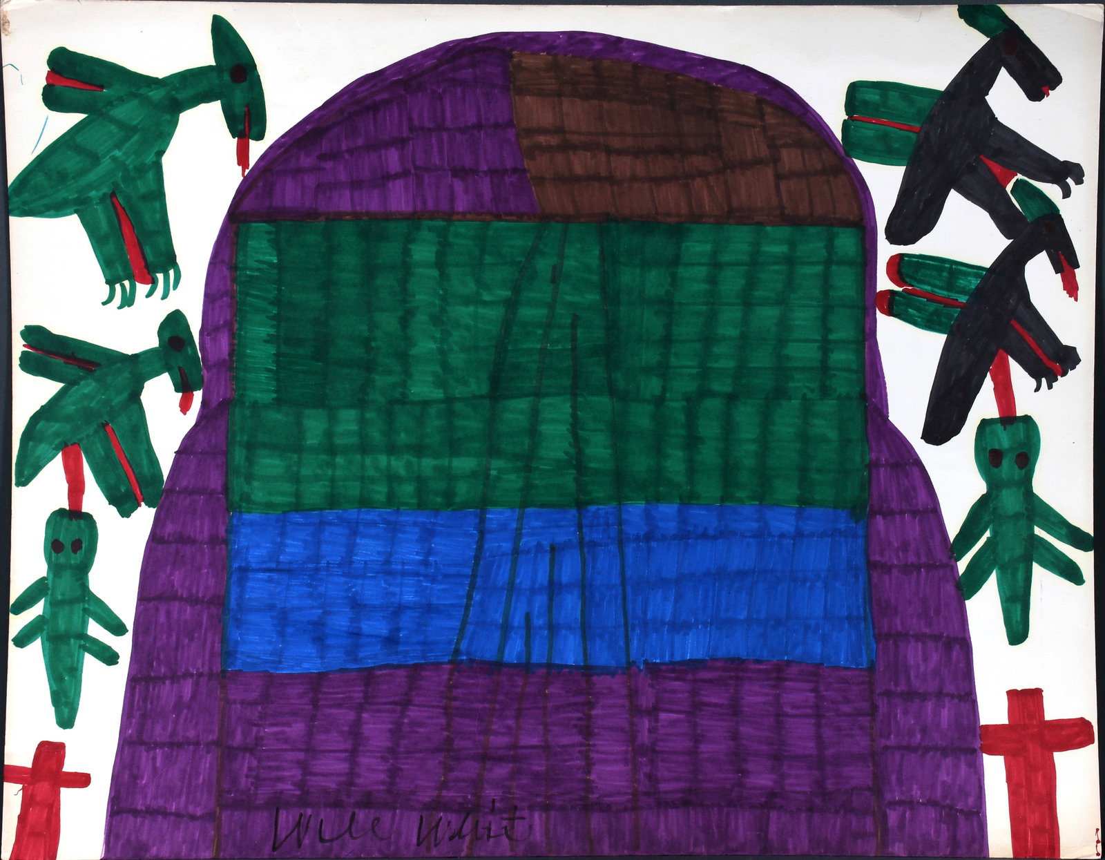 Willie White. Birds Flying Over Mountain.: Willie White. Birds Flying Over Mountain. Signed. Marker on poster. Great condition. 28" w x 22" h. Est. $300-500. Ship: $75 Please Read Before You Bid: By registering for and/or placing a bid in