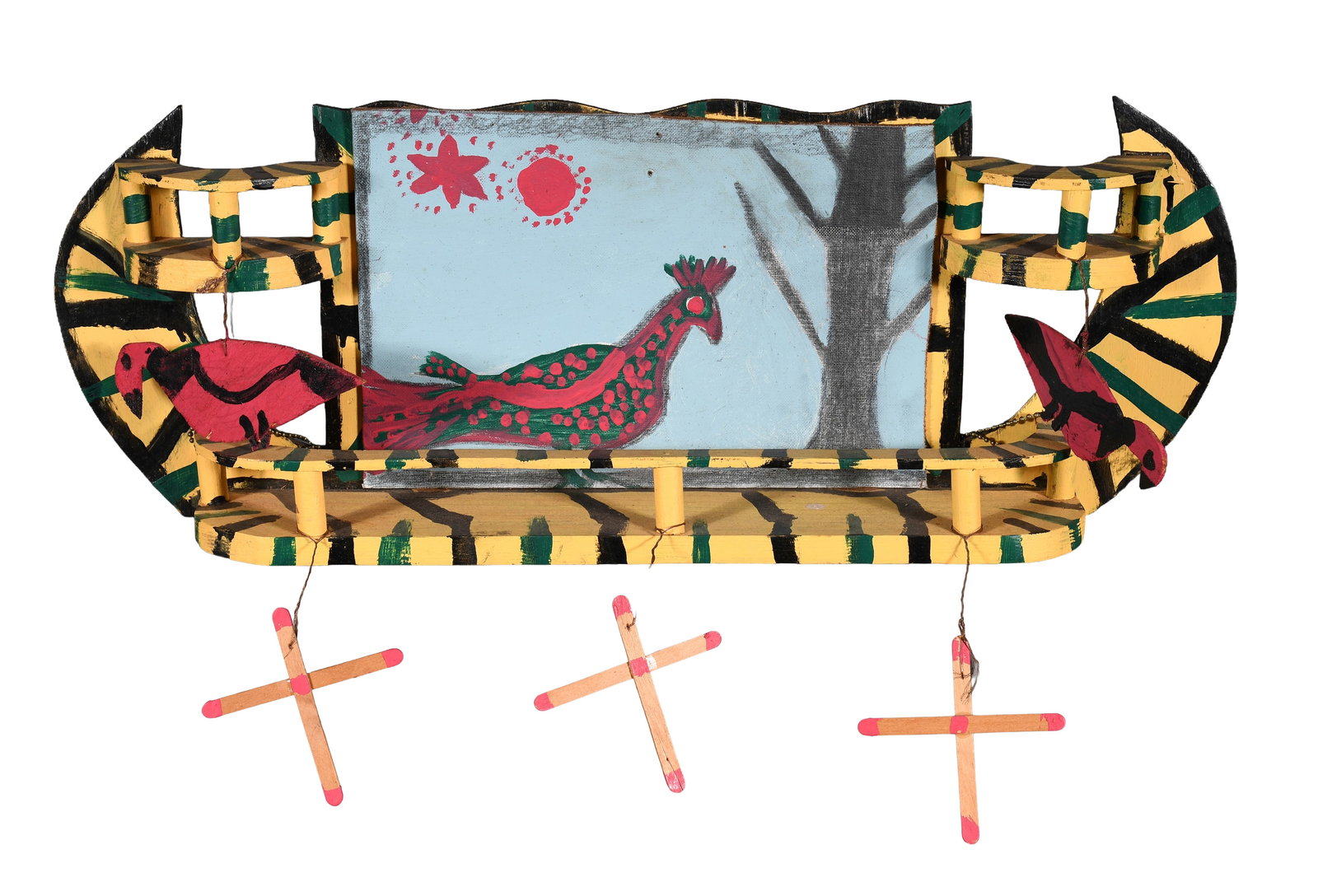 Willie Massey. Hanging Shelf.: Willie Massey. Hanging Shelf. Signed. Paint on wood construction with Masonite, wire, and mixed media. Excellent condition. 27" w x 10" h x 5" d. Provenance: The Lynne Ingram Collection. Est. $300-500