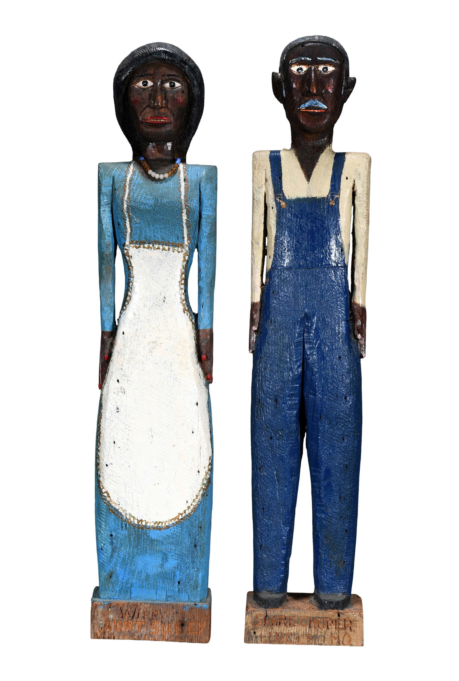 Arliss Watford. Sharecropper Couple.: Arliss Watford. Sharecropper Couple. 1989. Signed, dated, and titled. Carved and painted wood. Excellent condition. Average size is 29" h. Provenance: The Lynne Ingram Collection. Est. $500-1000. Ship