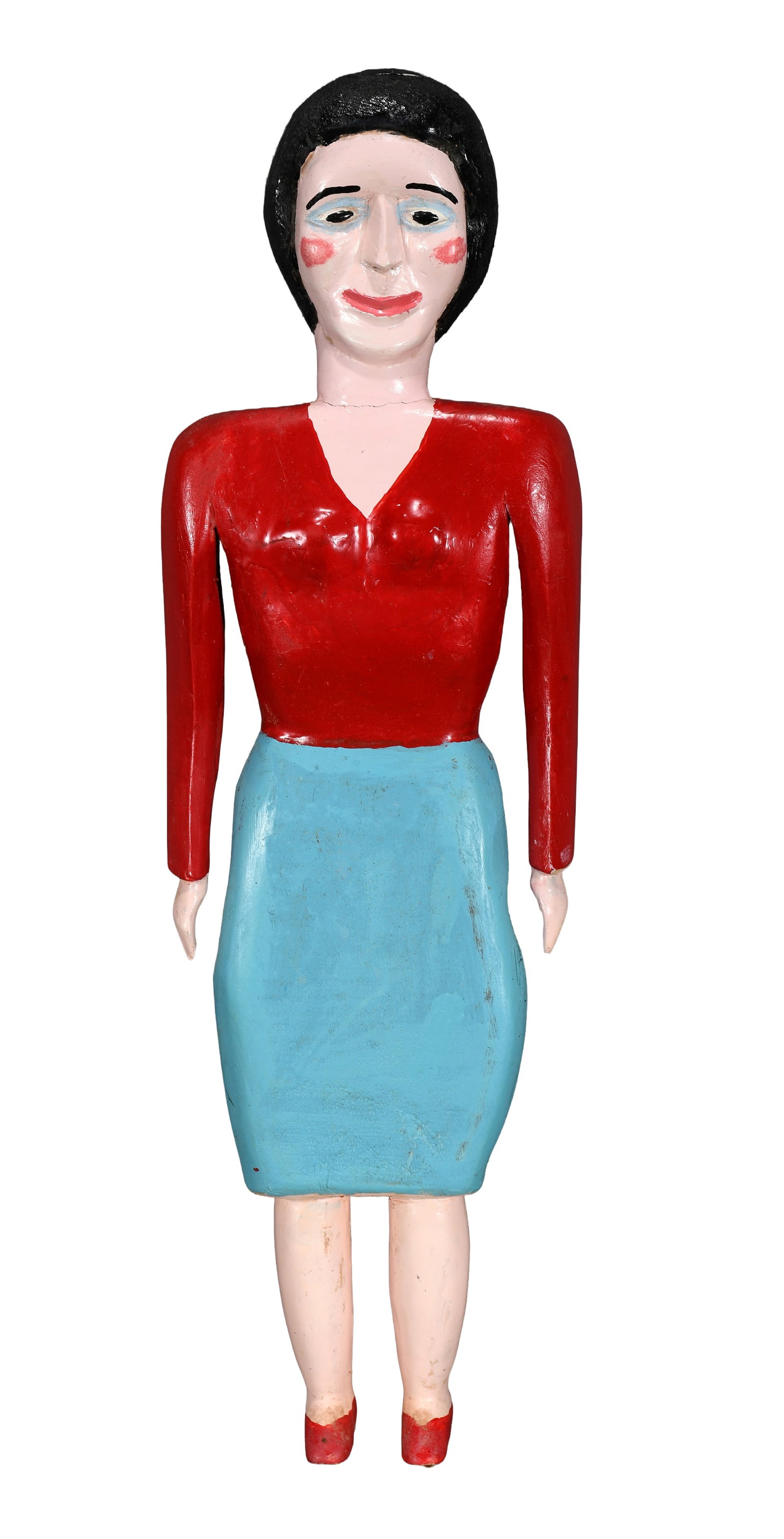 George Williams. Woman in Red Blouse and Blue Skirt.: George Williams. Woman in Red Blouse and Blue Skirt. Carved and painted wood. Shrinkage to neck otherwise great condition. 21" h. Est. $200-400. Ship: $75 Please Read Before You Bid: By registering fo