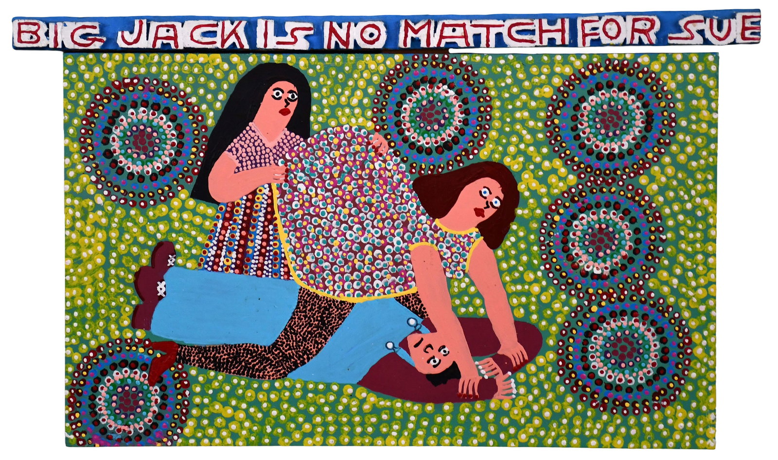 James Harold Jennings. Big Jack Is No Match for Sue.: James Harold Jennings. (1931-1999). Big Jack Is No Match for Sue. Signed and titled. Paint on board with cut out letters. Excellent condition. 21" w x 12" h. Est. $400-600. Ship: $65 Please Read Befor