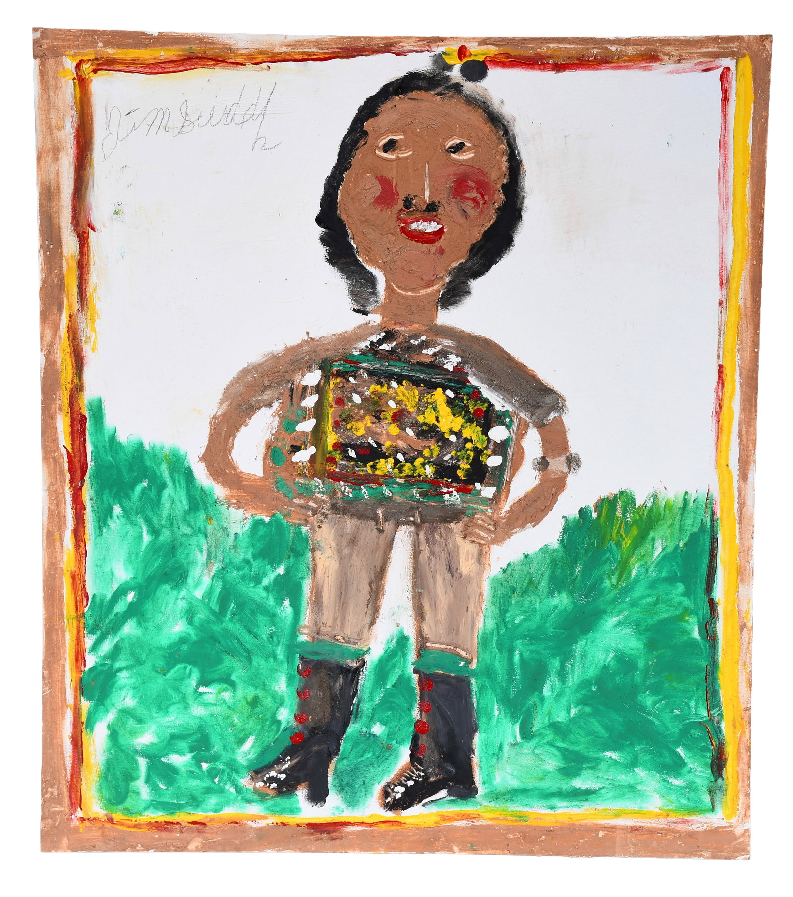 Jimmy Lee Sudduth. Girl in Mini Skirt with High Boots.: Jimmy Lee Sudduth. Girl in Mini Skirt with High Boots. Signed. Heavy mud and paint on board. Excellent condition. 24" w x 27.5" h. Provenance: The Lynne Ingram Collection. Est. $500-800. Ship: $100 Pl