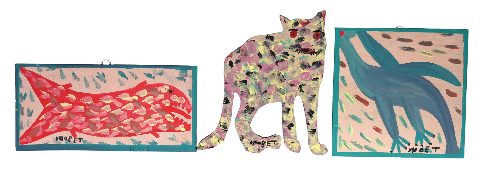 Mose Tolliver. Fish, Cat and Bird Paintings. (1 of 3)