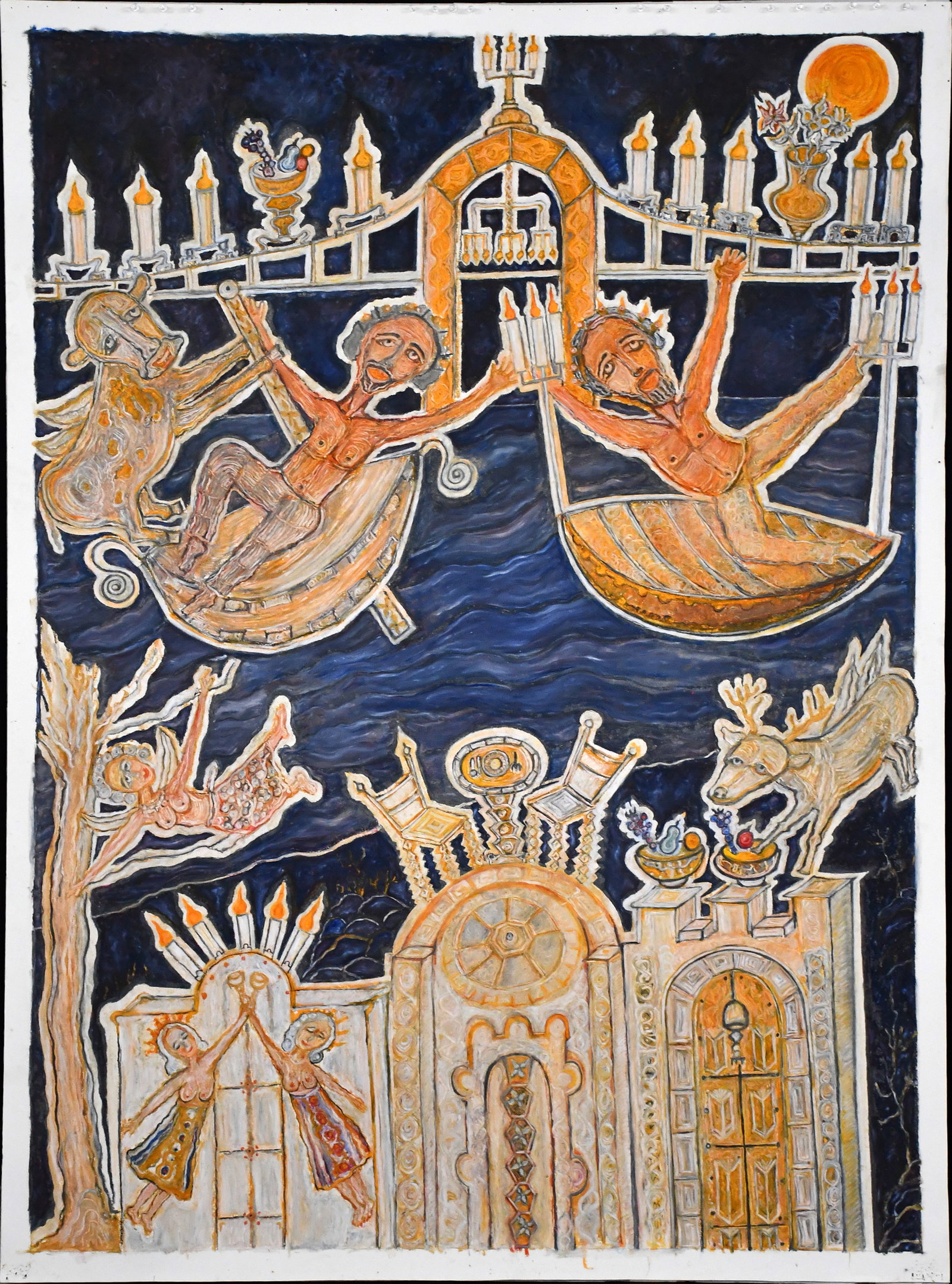 Deane Silverman. Solomon's Temple.: Deane Silverman. Solomon's Temple. Not signed. Paint on large artist paper. Push pin holes at top, otherwise excellent condition. 48" w x 67" h. Est. $1,000-2,000. Ship: $125, rolled. New Discovery De