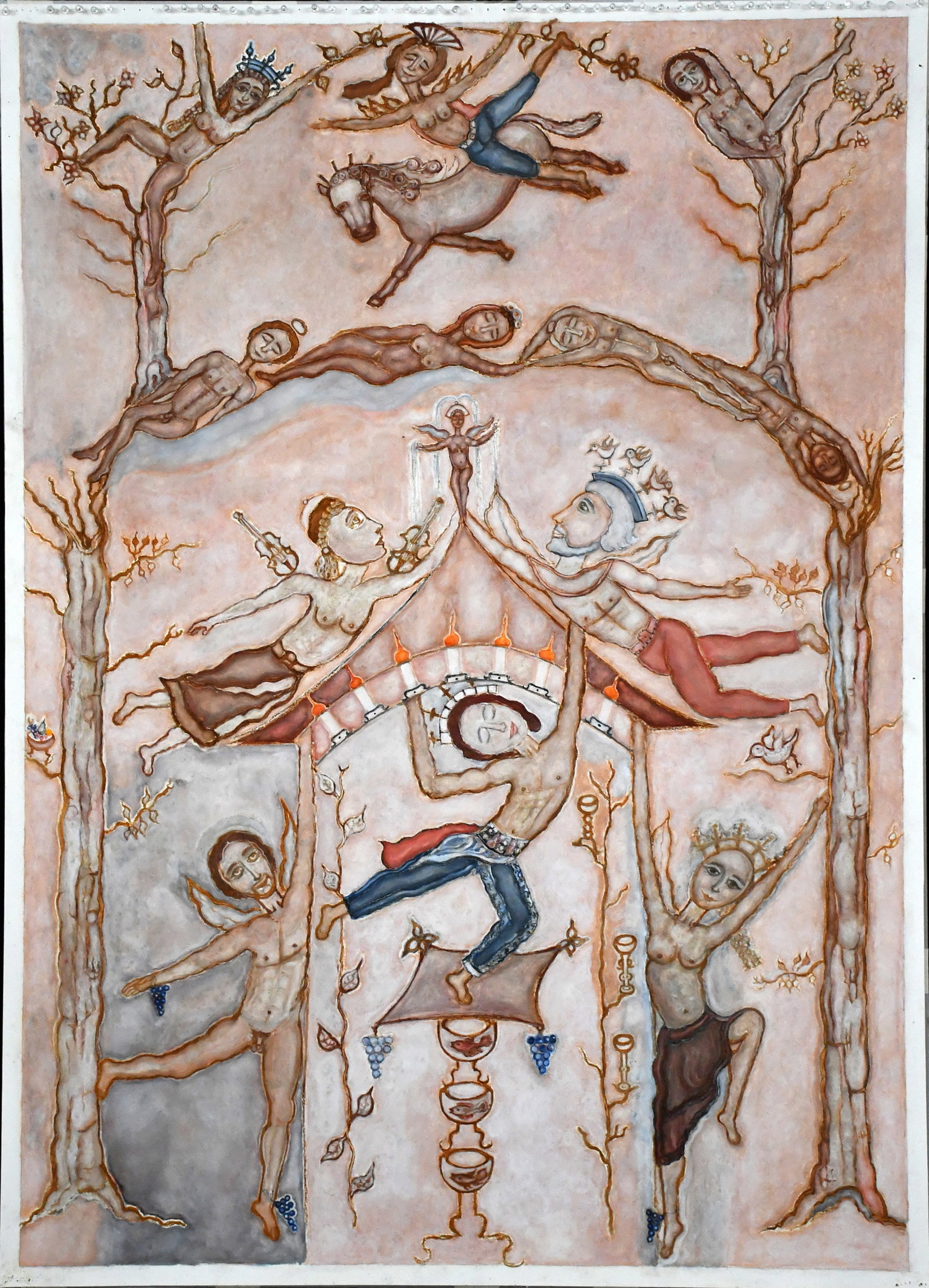 Deane Silverman. Celebration of Grapes and Wine.: Deane Silverman. Celebration of Grapes and Wine. Not signed. Paint on large artist paper. Push pin holes at top, otherwise excellent condition. 48" w x 67" h. Est. $1,000-2,000. Ship: $125, rolled. Pl