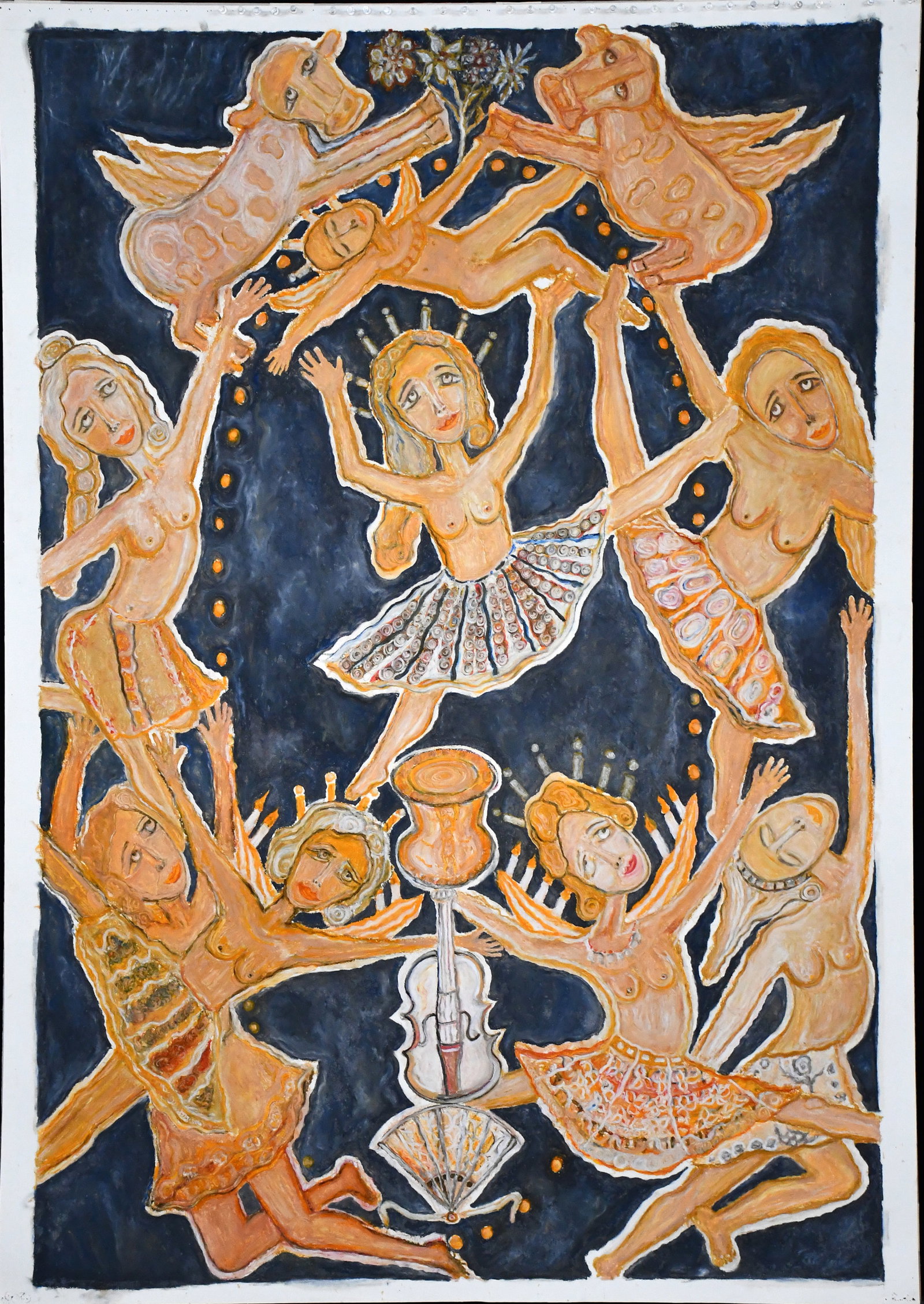 Deane Silverman. Dancing Women with Winged Cows.: Deane Silverman. Dancing Women with Winged Cows. Not signed. Paint on large artist paper. Push pin holes at top, otherwise excellent condition. 48" w x 67" h. Est. $1,000-2,000. Ship: $125, rolled. 