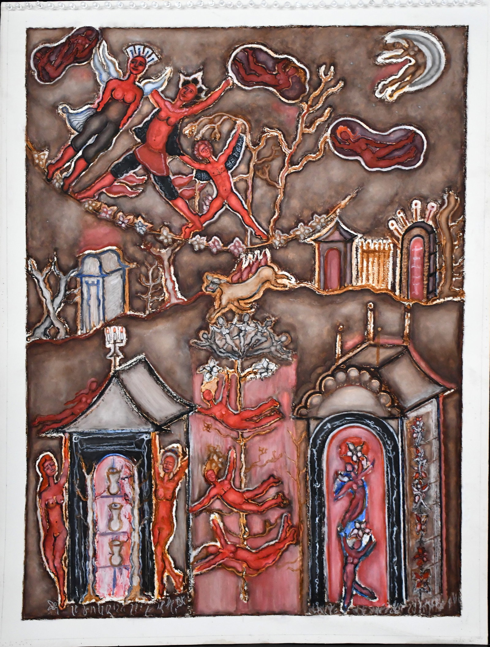 Deane Silverman. In The Graveyard.: Deane Silverman. In The Graveyard. Not signed. Paint on artist paper. Push pin holes at top, otherwise excellent condition. 33" w x 44" h. Est. $500-800. Ship: $85, rolled. Please Read Before You