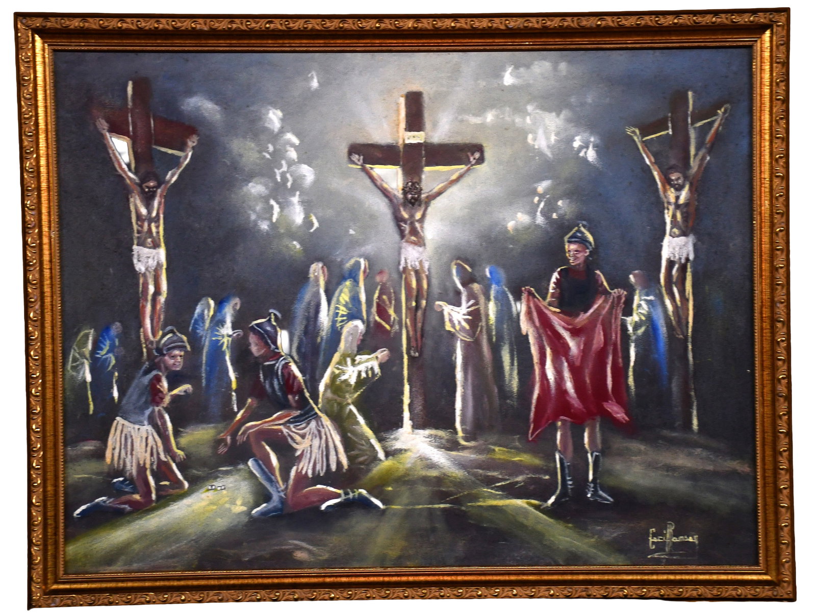 Cecil Ramsey. Crucifixion.: Cecil Ramsey. Crucifixion. Signed. Oil on canvas. Excellent condition. Size with frame is 26" w x 20" h. Est. $300-500. Ship: $55 Please Read Before You Bid: By registering for and/or placing a