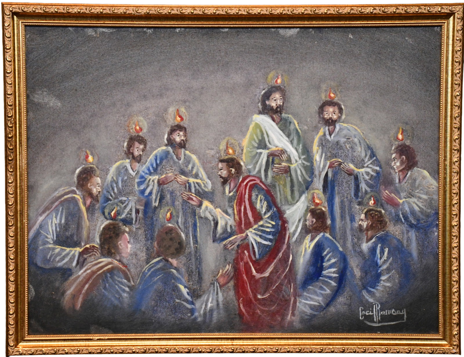 Cecil Ramsey. Tongues of Fire.: Cecil Ramsey. Tongues of Fire. Signed. Oil on canvas. Excellent condition. Size with frame is 26" w x 20" h. Est. $300-500. Ship: $55 Please Read Before You Bid: By registering for and/or placing