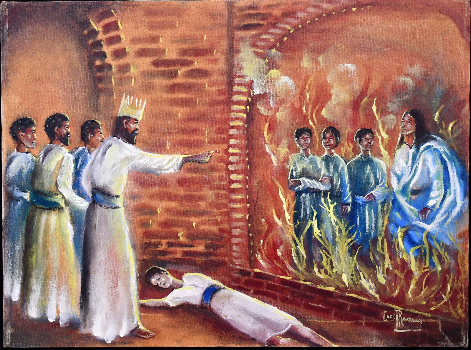 Cecil Ramsey. Shadrach, Meshach and Abednego Did Not Burn.: Cecil Ramsey. Shadrach, Meshach and Abednego Did Not Burn. Signed. Oil on canvas. Minor surface grime, otherwise great condition. 24" w x 18" h. Est. $300-500. Ship: $55 Please Read Before You