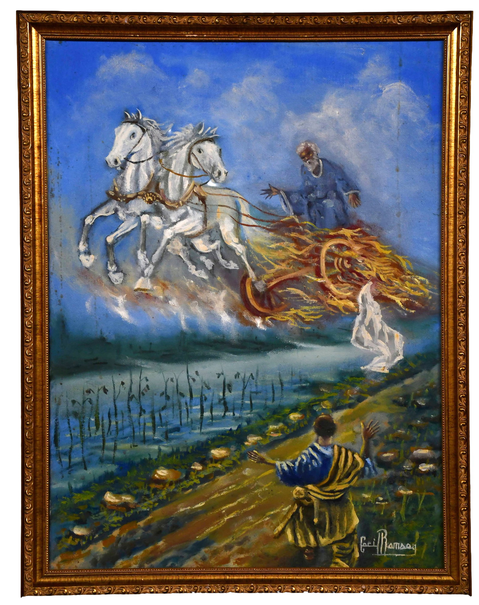 Cecil Ramsey. Elijah and The Chariot of Fire.: Cecil Ramsey. Elijah and The Chariot of Fire. Signed. Oil on canvas. Excellent condition. Size with frame is 20" w x 26" h. Est. $300-500. Ship: $55 Please Read Before You Bid: By registering for and/