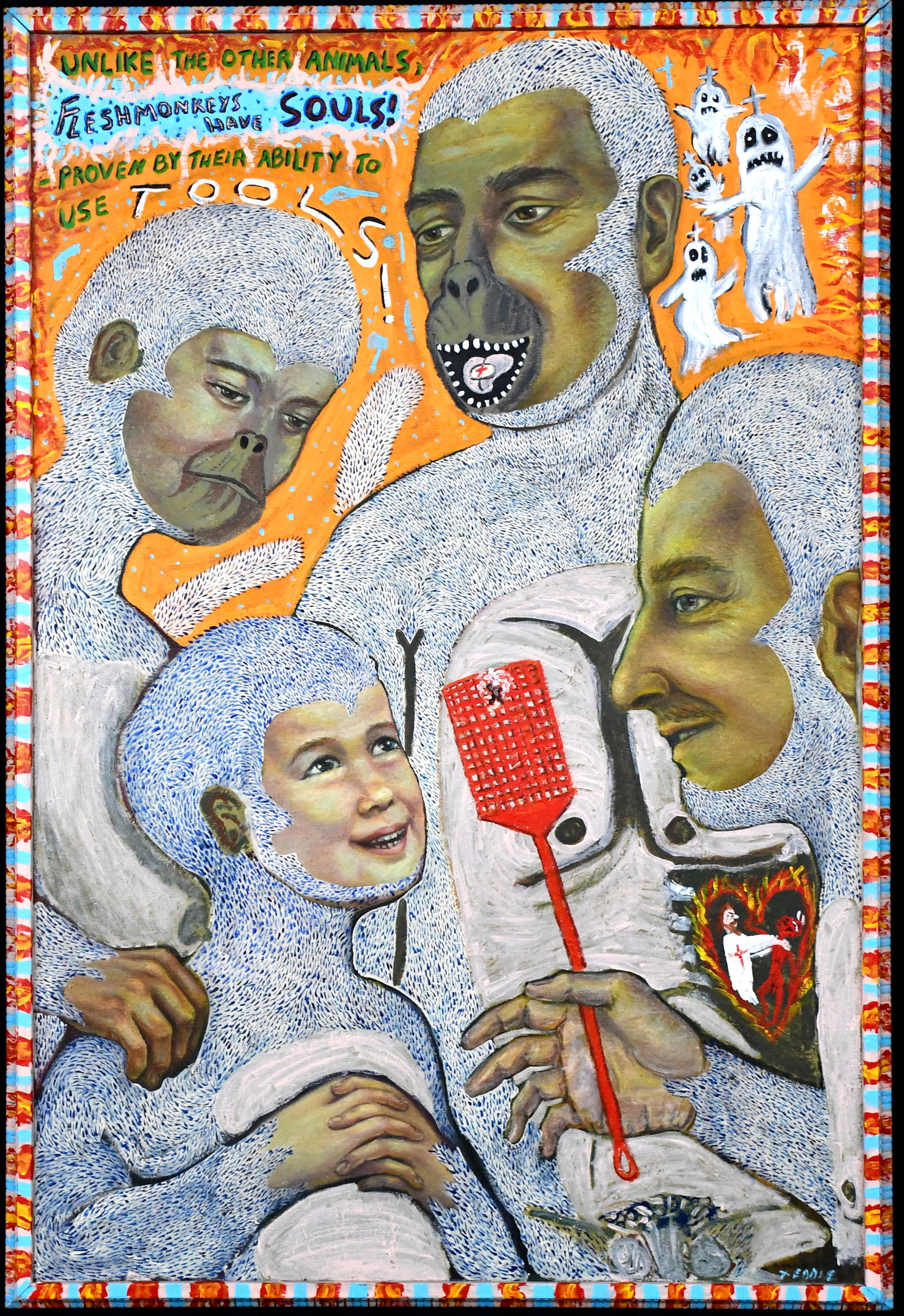 Eddie Breen. Original: The Presentation of Mary. 1967. Now: Fleshmonkeys Have Souls!: Eddie Breen. Original: The Presentation of Mary. 1967. Now: Flesh monkeys Have Souls! Signed and titled. Overpainted oil on canvas. Great condition. Size with frame is 26" w x 38" h. Est. $500-800.