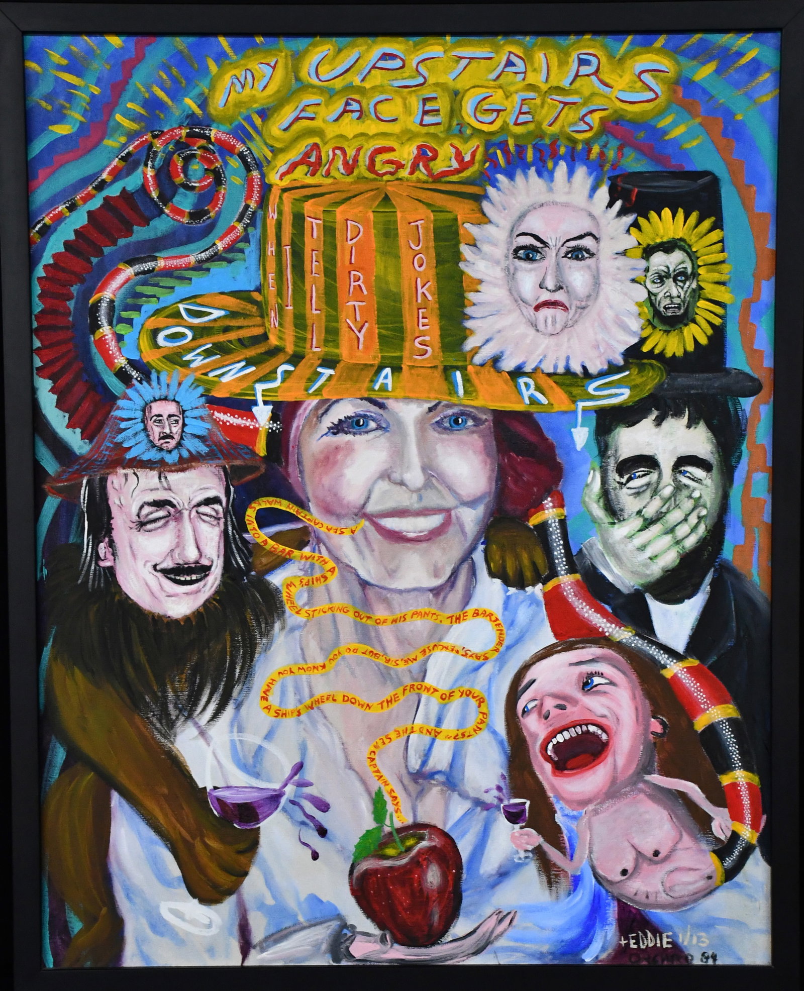 Eddie Breen. Upstairs Face.: Eddie Breen. Upstairs Face. 2013. Signed, dated, and titled. Overpainted oil on canvas. Great condition. Size with frame is 25" w x 31.5" h. Est. $400-600. Ship: $85 Please Read Before You Bid: By