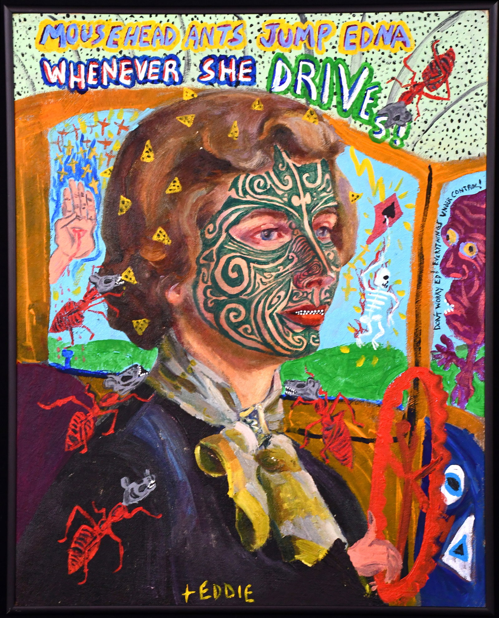 Eddie Breen. Mousehead Ants Jump Edna…: Eddie Breen. Mousehead Ants Jump Edna... Signed and titled. Overpainted oil on canvas panel. Great condition. Size with frame is 16" w x 20" h. Est. $200-400. Ship: $45 Please Read Before You Bid: