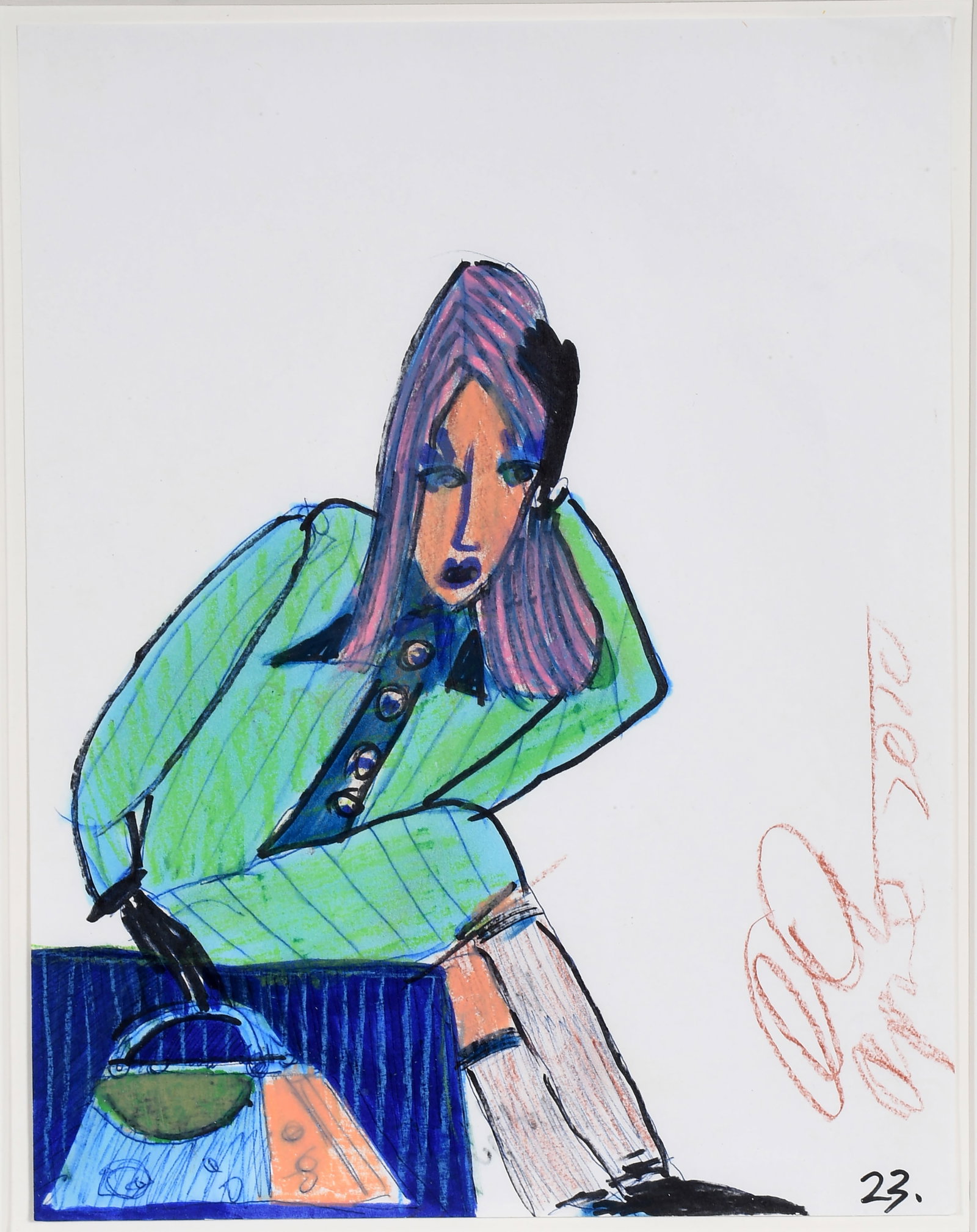 Anne Marie Grgich. Seated on Blue Stoop.: Anne Marie Grgich. Seated on Blue Stoop. 2010. Signed and dated. Paint and ink on paper. Excellent condition. Size with frame is 12" w x 14.5" h. Est. $300-500. Ship: $45 Please Read Before You Bid: B