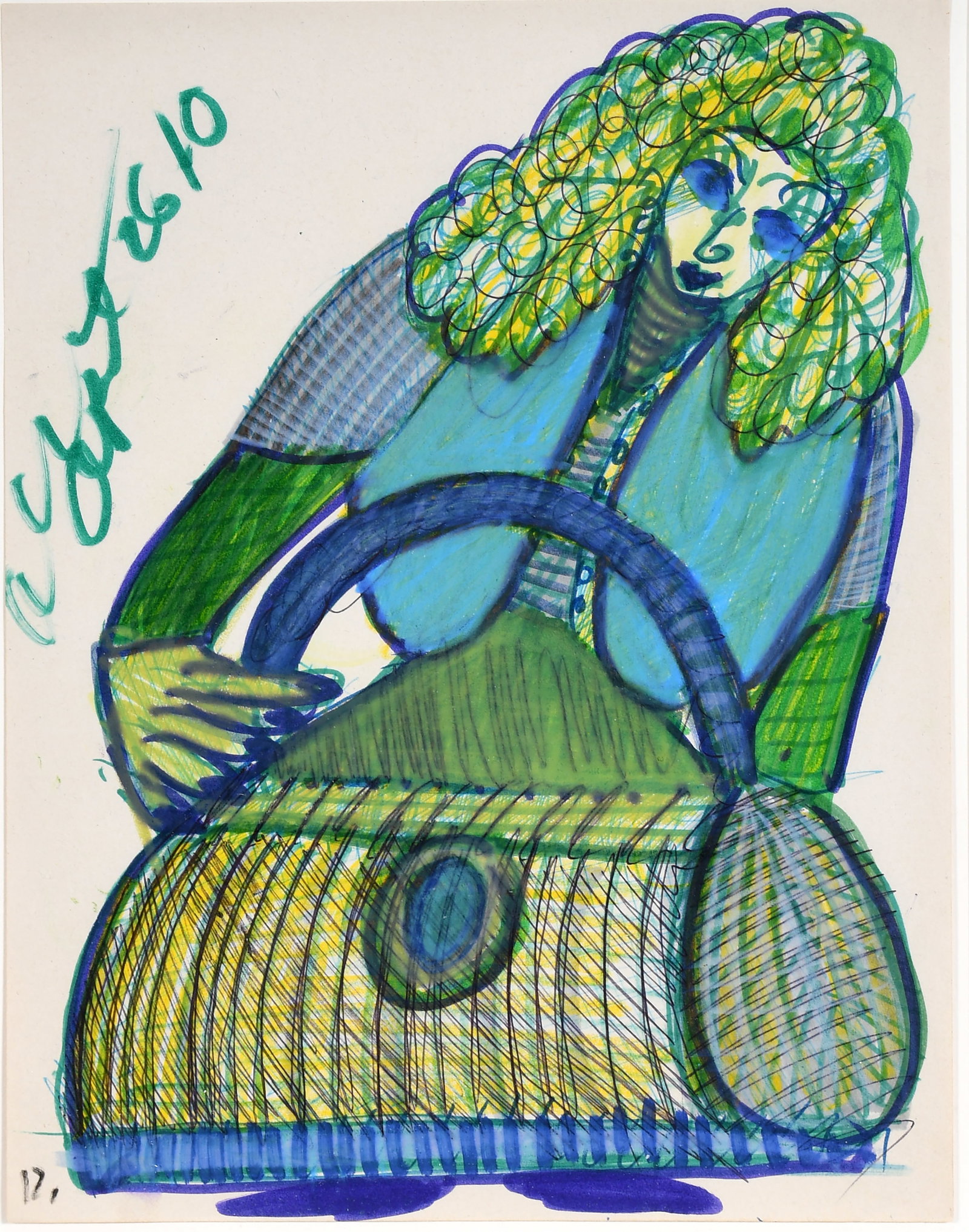 Anne Marie Grgich. Green and Blue Girl with Big Purse.: Anne Marie Grgich. Green and Blue Girl with Big Purse. 2010. Signed and dated. Paint and ink on paper. Excellent condition. Size with frame is 12" w x 14.5" h. Est. $300-500. Ship: $45 Please Read Bef