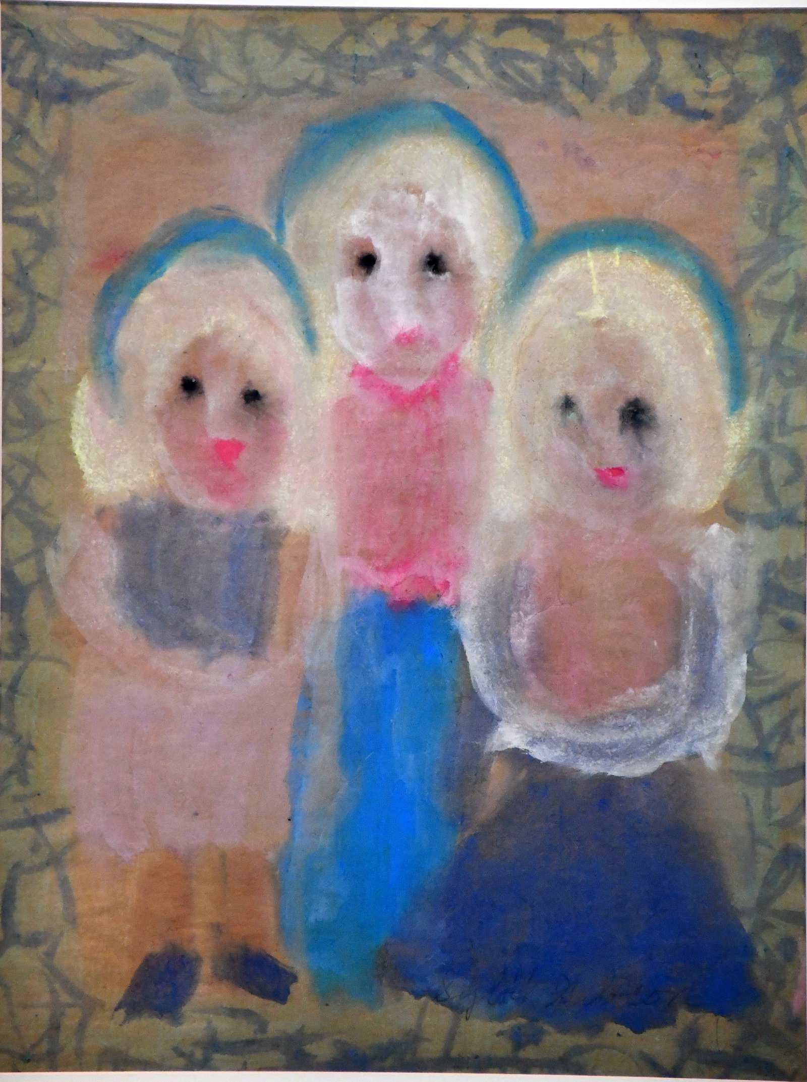 Sybil Gibson. Three Girls.: Sybil Gibson. (1908-1995). Three Girls. Signed. Watercolor on brown paper. Excellent condition. Image is 17.5" w x 23" h. Frame is 26" w x 32" h. Est. $300-500. Ship: $100 Please Read Before You
