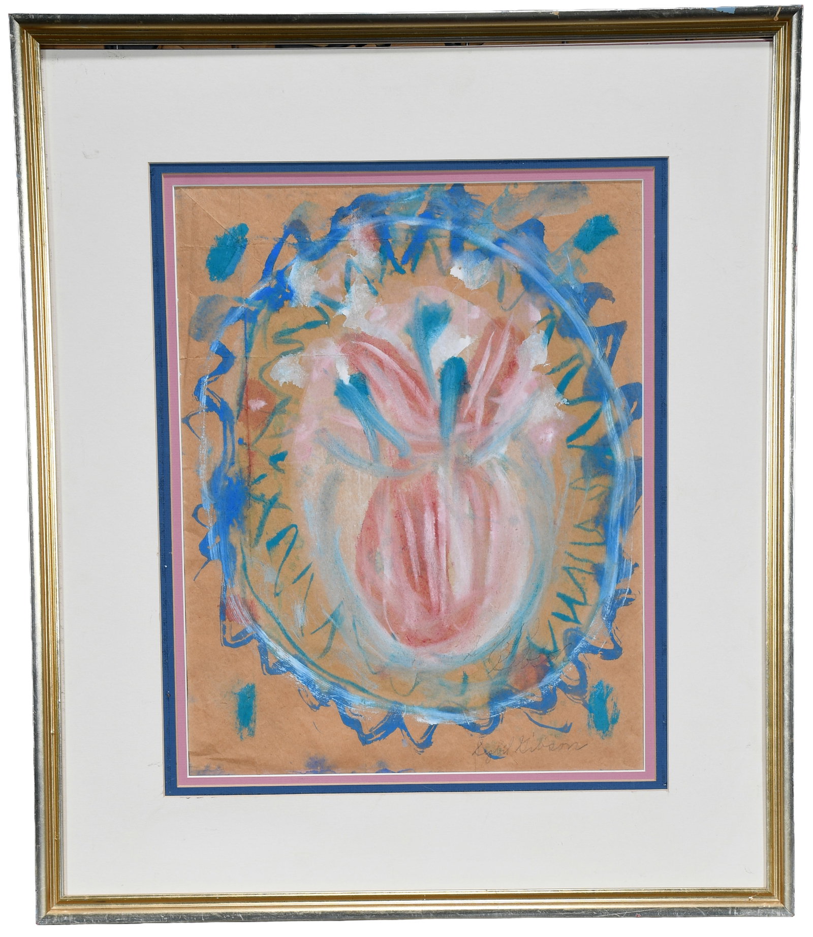 Sybil Gibson. Flowers in a Vase.: Sybil Gibson. Flowers in a Vase. Signed. Watercolor on brown paper bag. Great condition. Image is 14" w x 18" h. Frame is 23" w x 27" h (no glass). Excellent condition. Est. $200-300. Ship: $85 Please