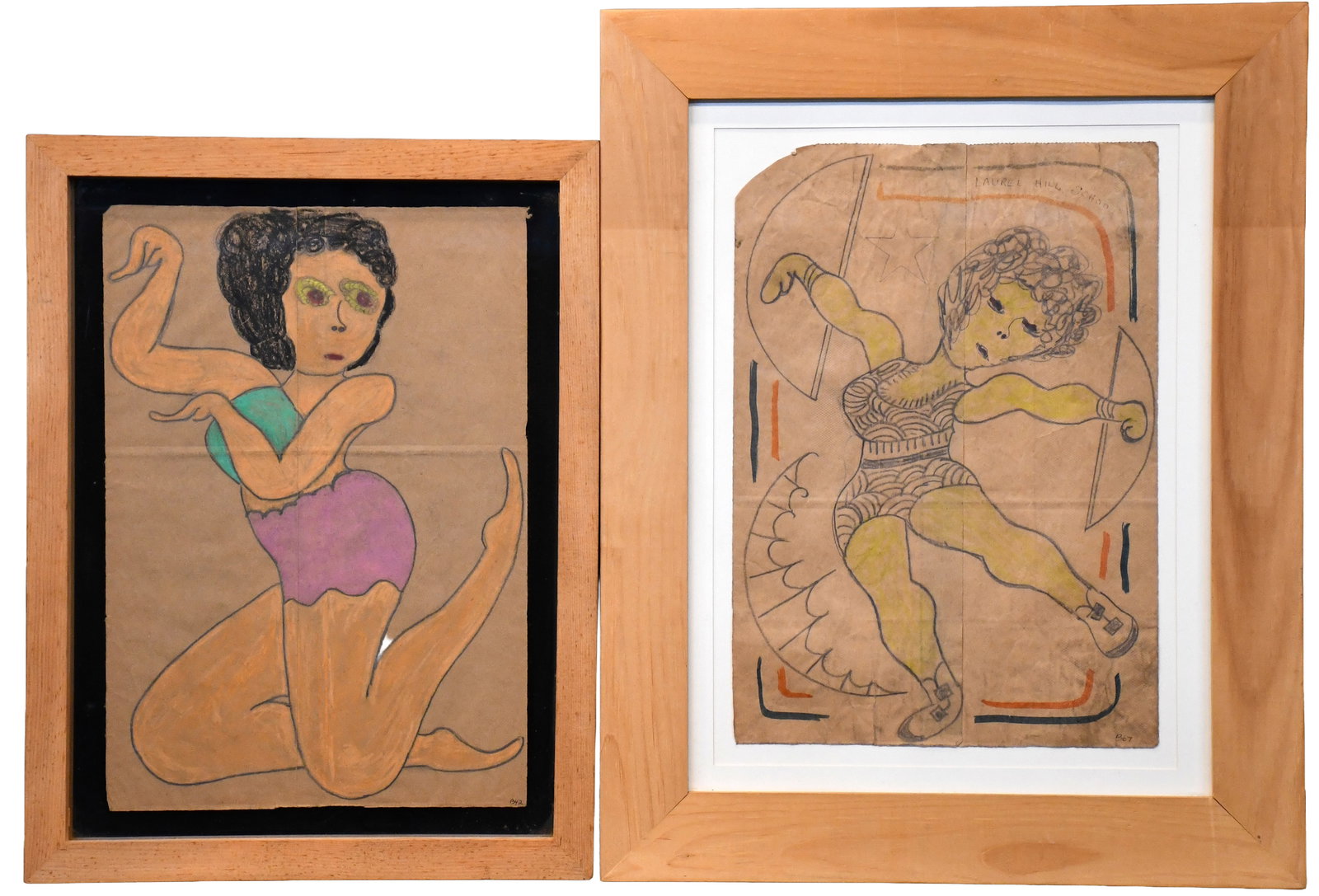 Lewis Smith. Pair of Dancing Girls.: Lewis Smith. (1907-1998). Pair of Dancing Girls. Not signed. Crayon and graphite on found paper bag. Largest with frame is 20" w x 25" h. Est. $300-500. Ship: $85 Please Read Before You Bid: By
