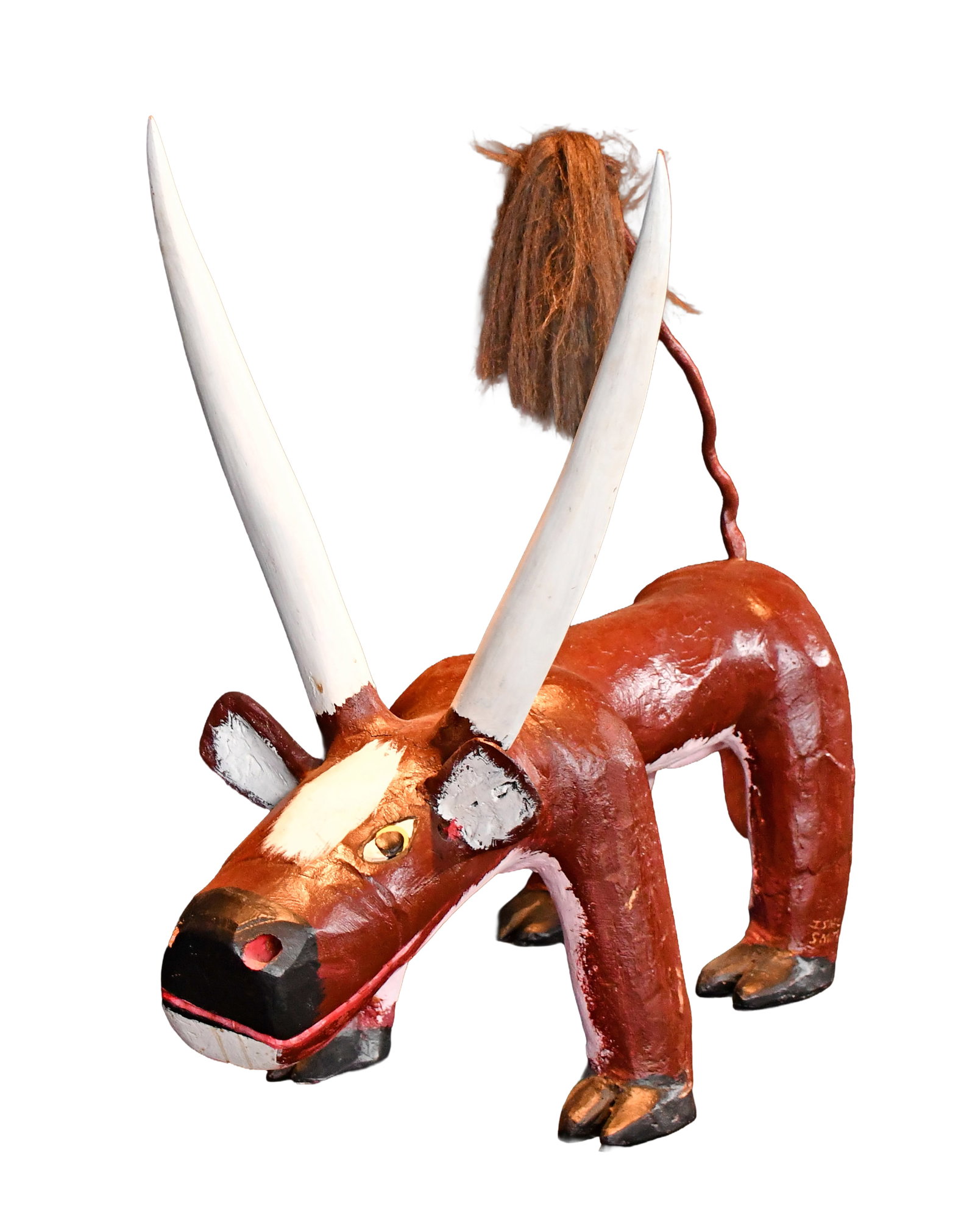 Isaac Smith. Longhorn Bull.: Isaac Smith. Longhorn Bull. Signed. Carved and painted wood with mixed media. Great condition. 33" long x 30" h. Est. $300-500. Buyer is responsible for shipping. Please Read Before You Bid: By