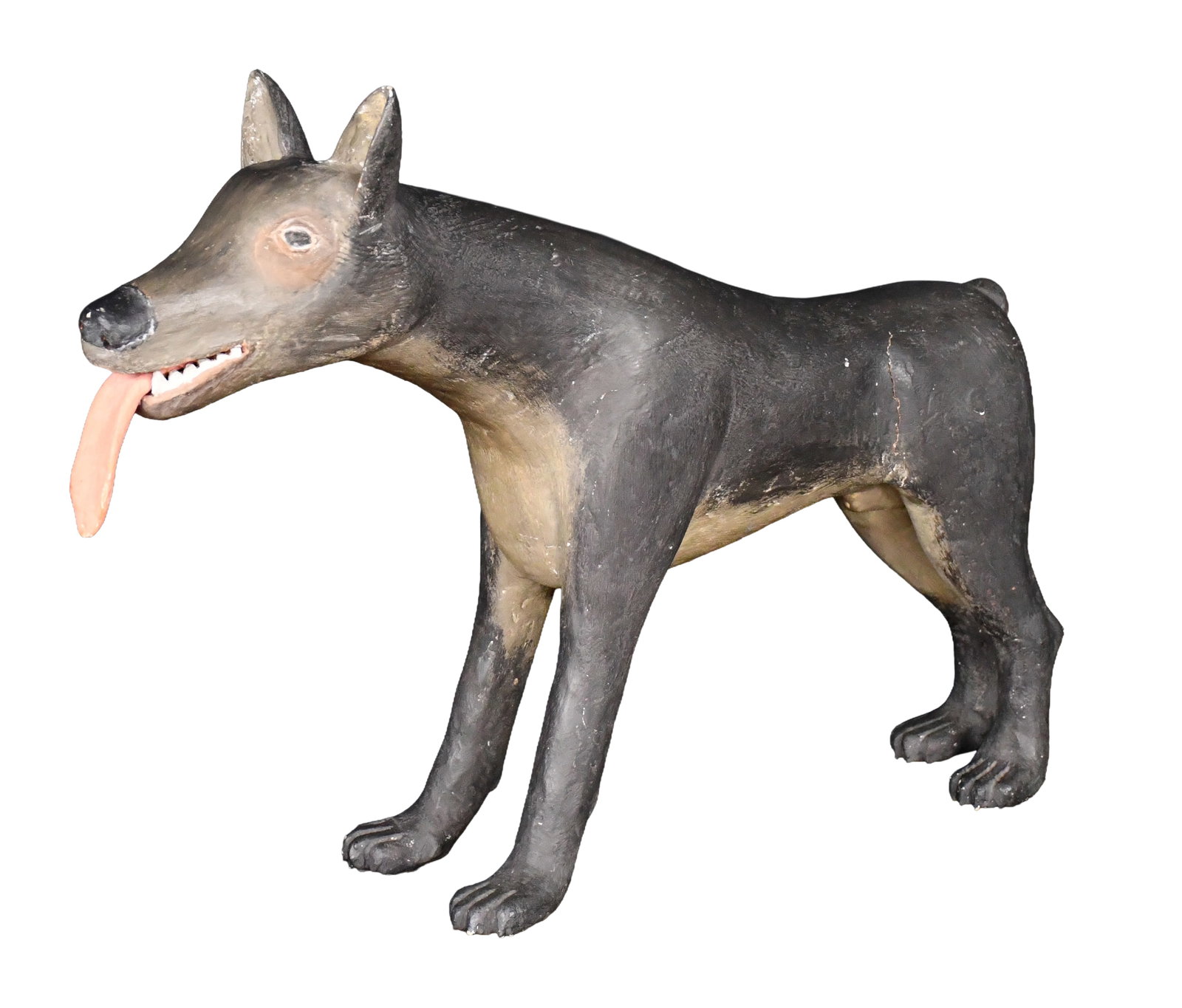 Pucho Odio. Doberman Pincher.: Pucho Odio. Doberman Pincher. 1981. Signed and dated. Carved and painted wood. Minor paint loss and wear around leg joints, otherwise good condition. 28" long x 21" h. Est. $200-400. Ship: $150 