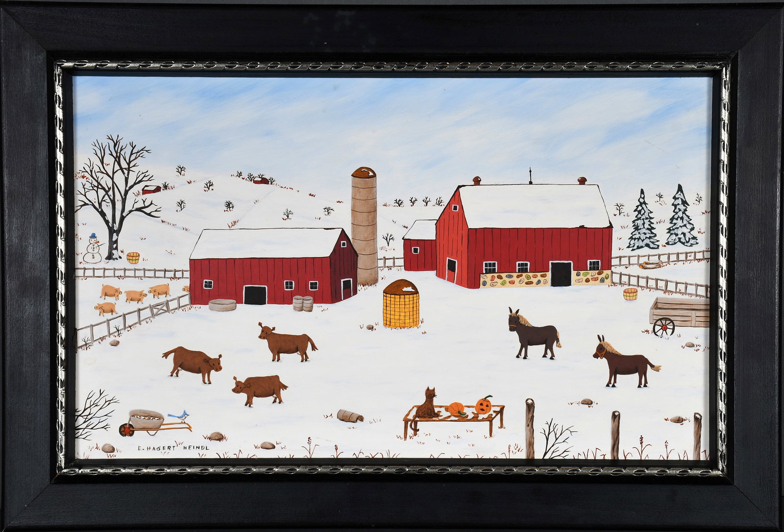 Elsie Hagert Heindl. Snow Man: Elsie Hagert Heindl. Snow Man. Signed and titled. Oil on board. Excellent condition. Image is 18" w x 11" h. Frame is 21.5" w x 14.5" h. Est. $200-300. Ship: $55 Please Read Before You Bid: By