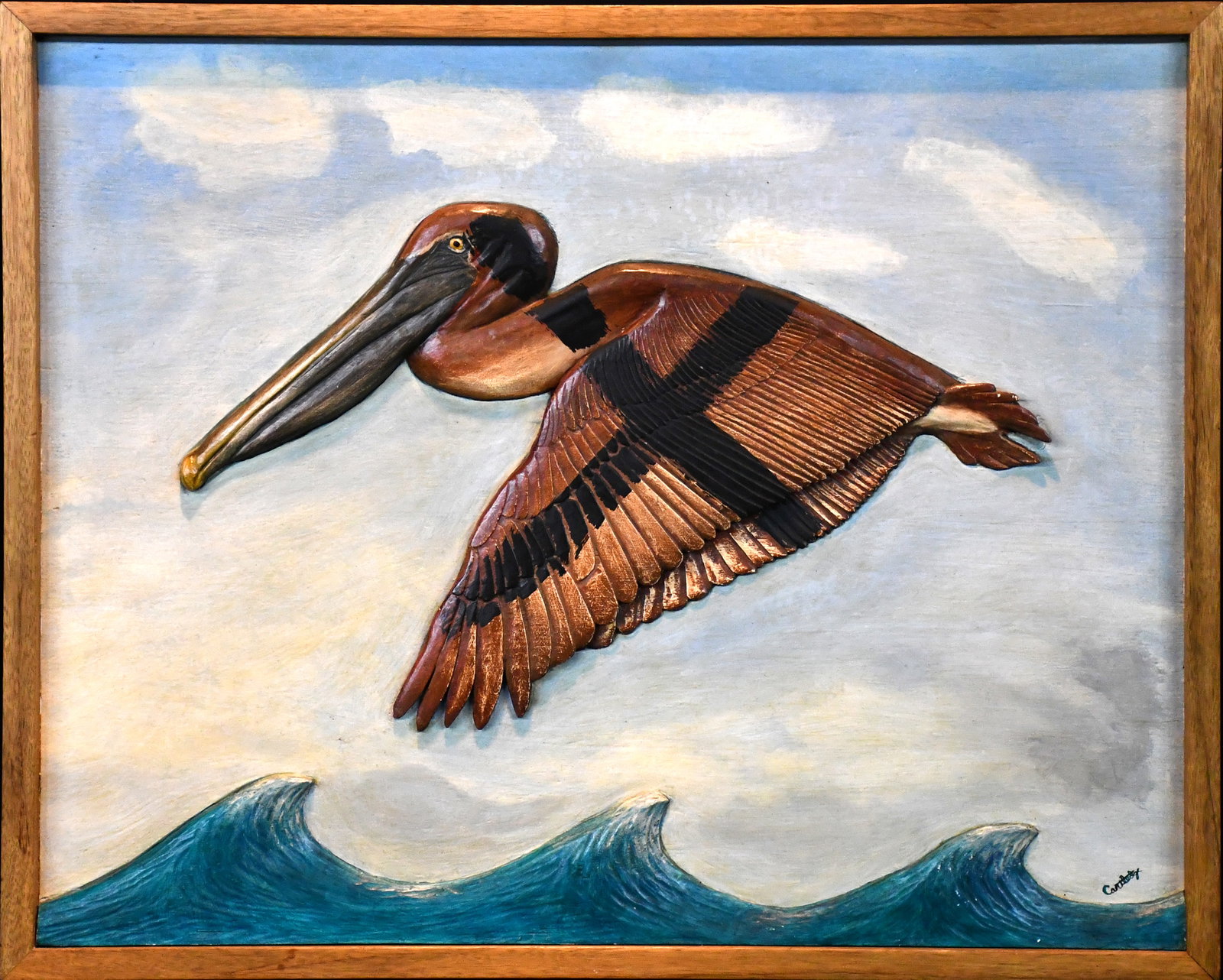 Ned Cartledge. Pelican In Flight.: Ned Cartledge. (1916-2001). Pelican In Flight. Signed. Carved and painted wood-relief plaque. Excellent condition. 28" w x 23" h. Est. $500-800. Ship: $85 Please Read Before You Bid: By registering fo
