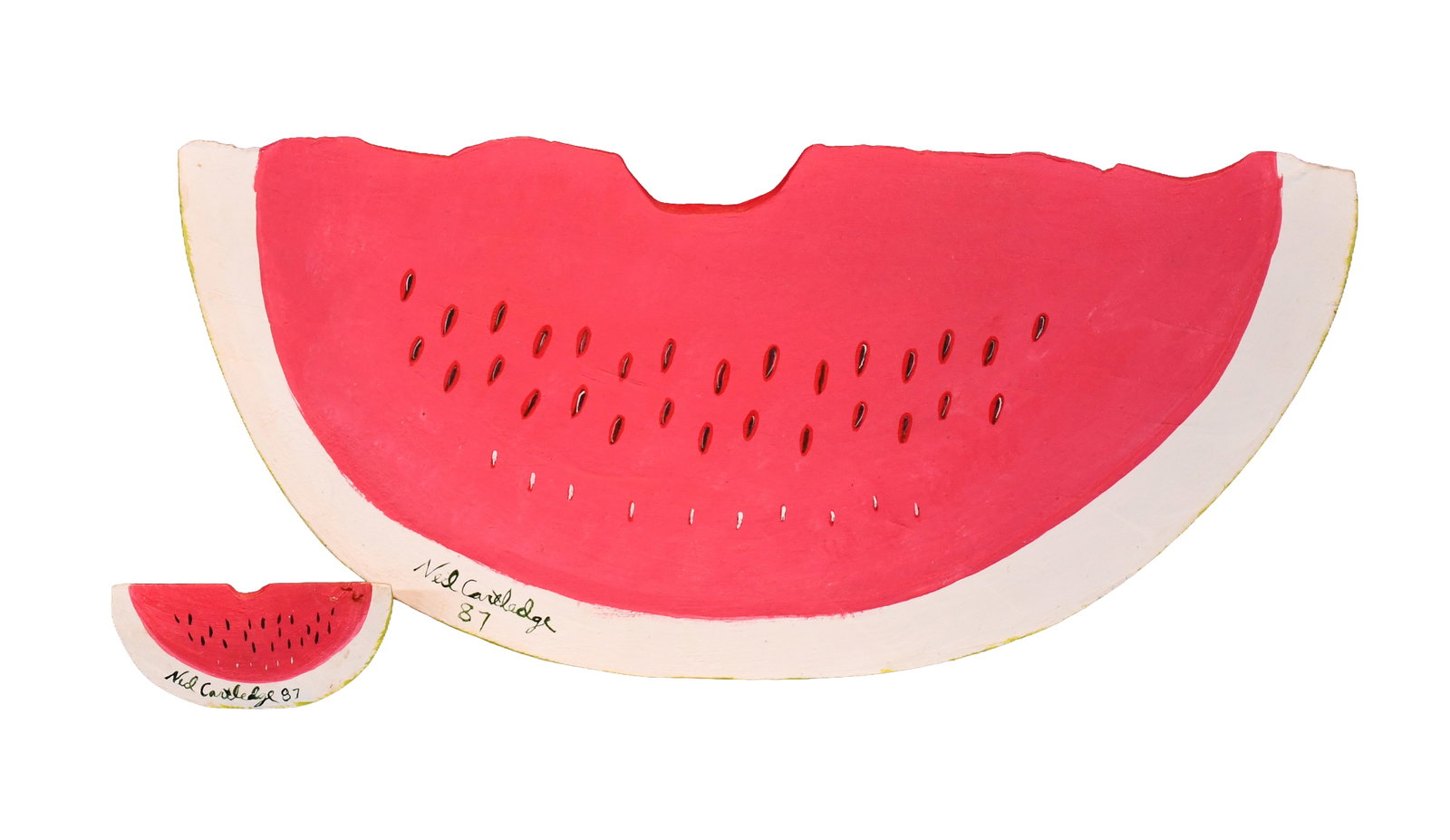 Ned Cartledge. Big and Little Watermelons.: Ned Cartledge. Big and Little Watermelons. 1987. Signed and dated. Carved and painted wood. Excellent condition. Largest is 17" w x 7" h. Est. $500-800. Ship: $65 Please Read Before You Bid: By