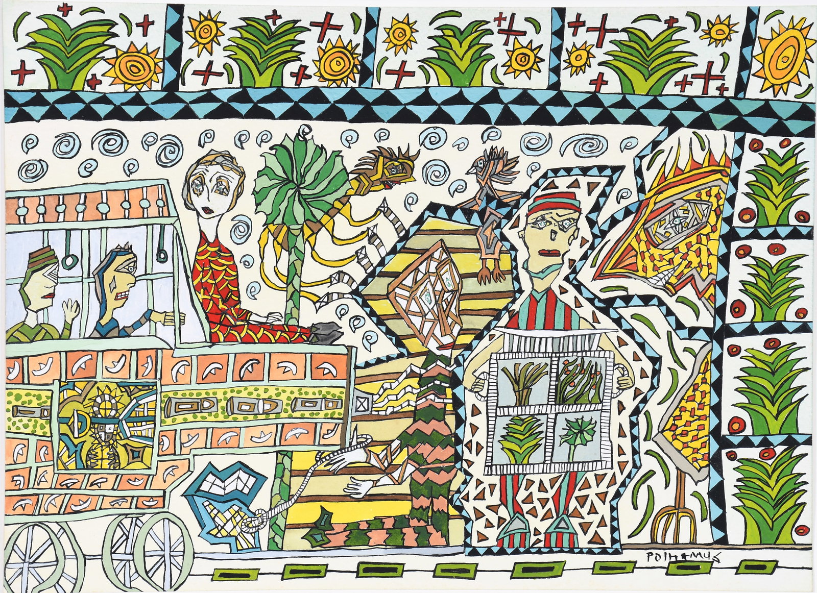 Melissa Polhamus. Drive Through.: Melissa Polhamus. Drive Through. Signed. Mixed media on paper. Excellent condition. Image is 14.5" w x 10.5" h. Frame is 22" w x 18" h. Provenance: The Lynne Ingram Collection. Est. $100-300. Ship: $6