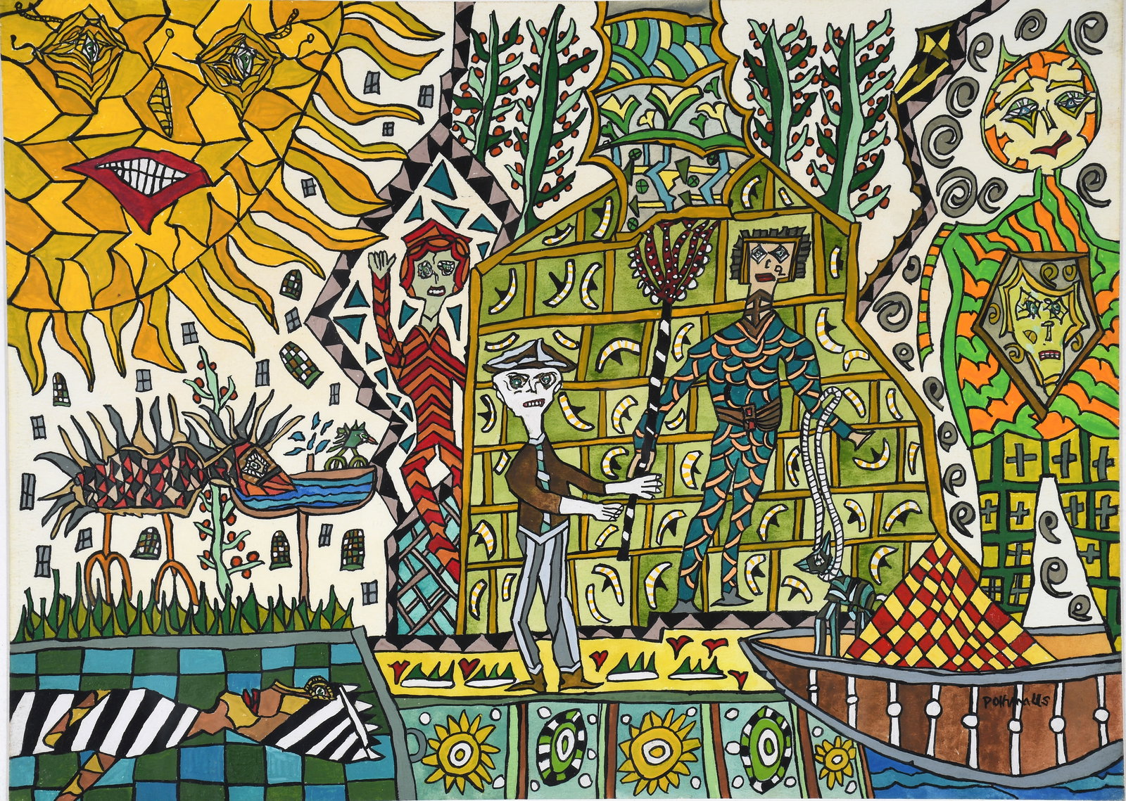 Melissa Polhamus. Sunny Day.: Melissa Polhamus. Sunny Day. Signed. Mixed media on paper. Excellent condition. Image is 14.5" w x 10.5" h. Frame is 21" w x 17.5" h. Provenance: The Lynne Ingram Collection. Est. $100-300. Ship: $65