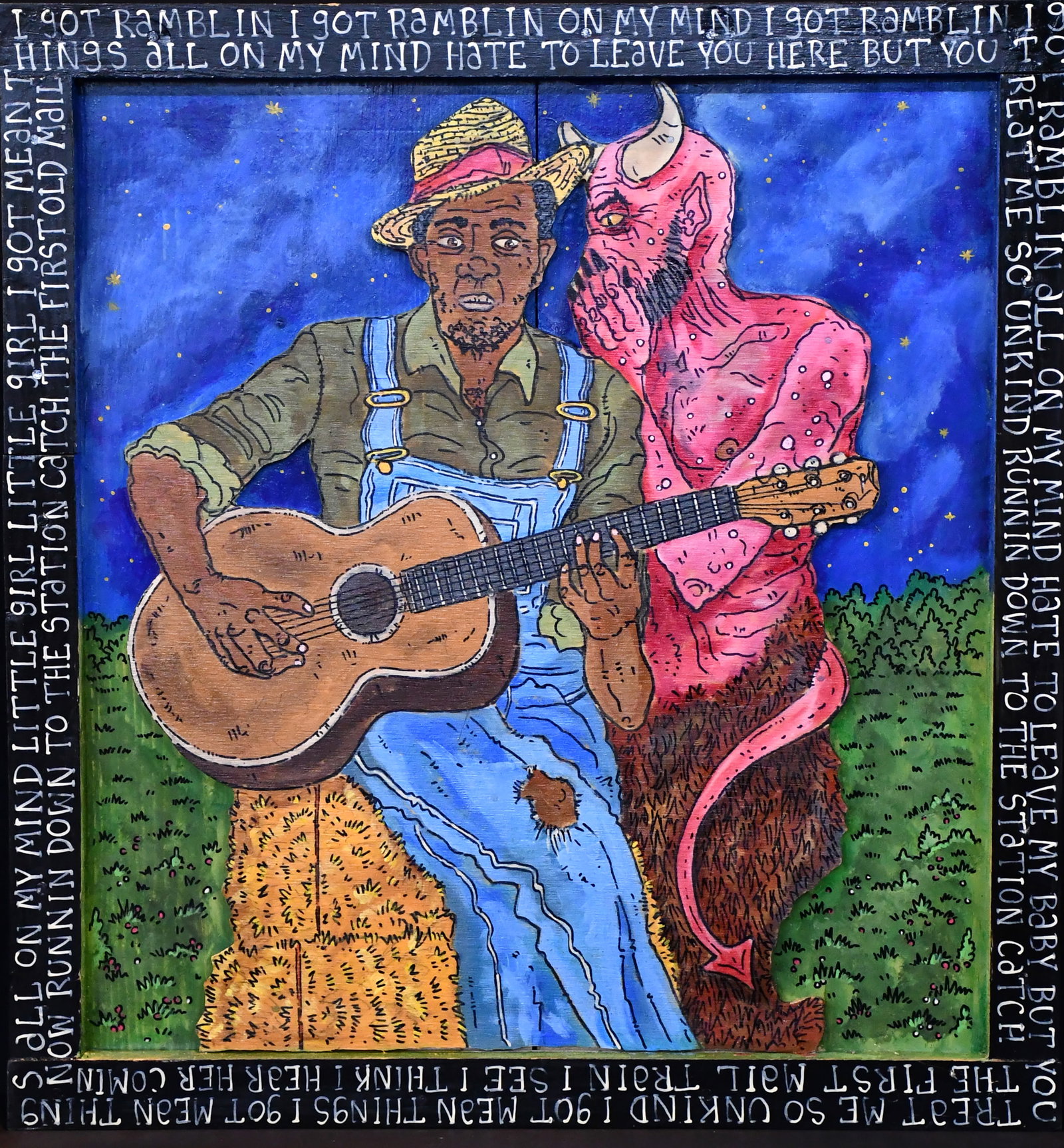 Eric Cunningham. The Secret of the Blues.: Eric Cunningham. The Secret of the Blues. Signed. Paint on cut out board 3D relief. Excellent condition. 22.5" w x 24" h. Est. $300-500. Ship: $65 Please Read Before You Bid: By registering for