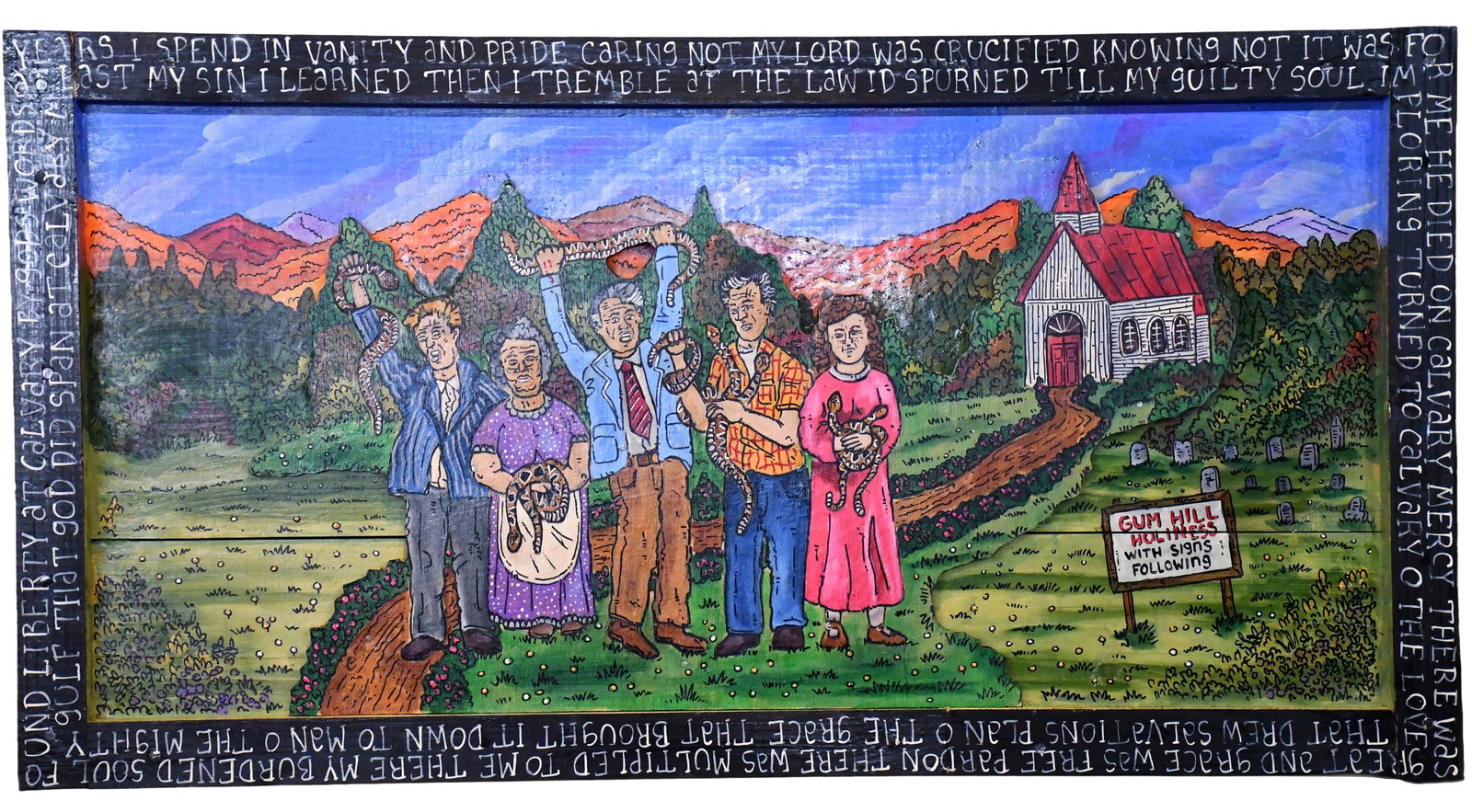 Eric Cunningham. Gum Hill Holiness.: Eric Cunningham. Gum Hill Holiness. Signed. Paint on cut out board 3D relief. Excellent condition. 32" w x 17" h. Est. $300-500. Ship: $75 Please Read Before You Bid: By registering for and/or