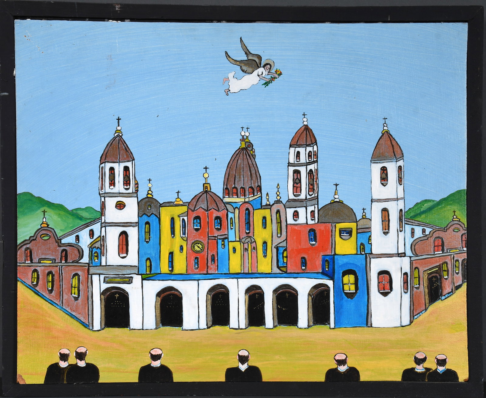 Hugo Sperger. Cathedral.: Hugo Sperger. (1922-1996). Cathedral. Titled on verso. Paint on Masonite. Dog-eared on bottom corners otherwise great condition. Size with frame is 21.5" w x 17.5" h. Est. $300-500. Ship: $55 