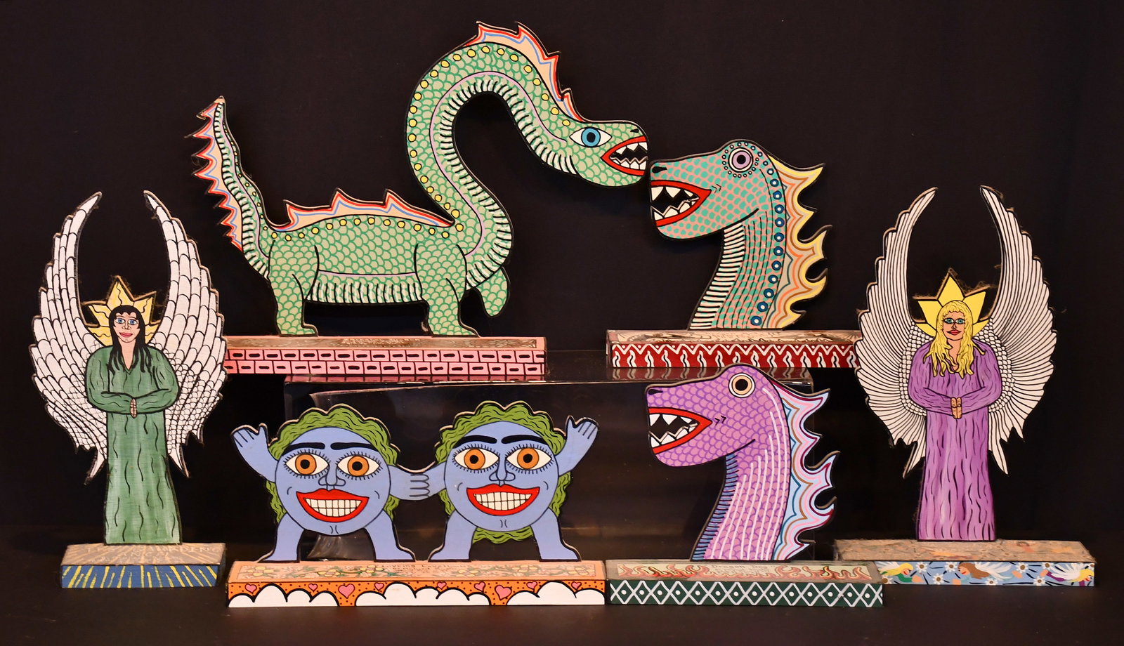 Michael Finster. Six Fantasy Works.: Michael Finster. Six Fantasy Works. Signed. Paint and marker on cutout board. Excellent condition. Largest is 14" w x 11" h. Est. $300-500. Ship: $75 Please Read Before You Bid: By registering for and