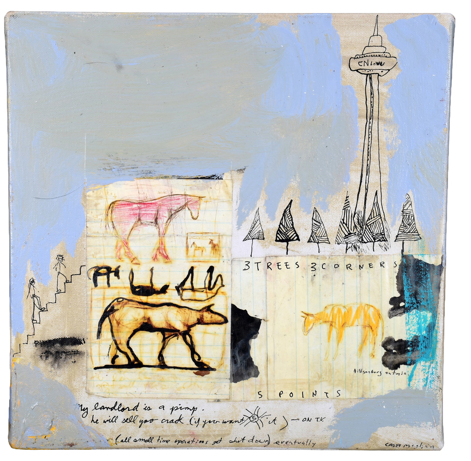 Casey McGlynn. All Small Time Operations Get Shut Down.: Casey McGlynn. All Small Time Operations Get Shut Down. 1999. Signed, dated, and titled. Mixed media on canvas. Excellent condition. 12" w x 12" h. Provenance: The Lynne Ingram Collection. Est. $100-2