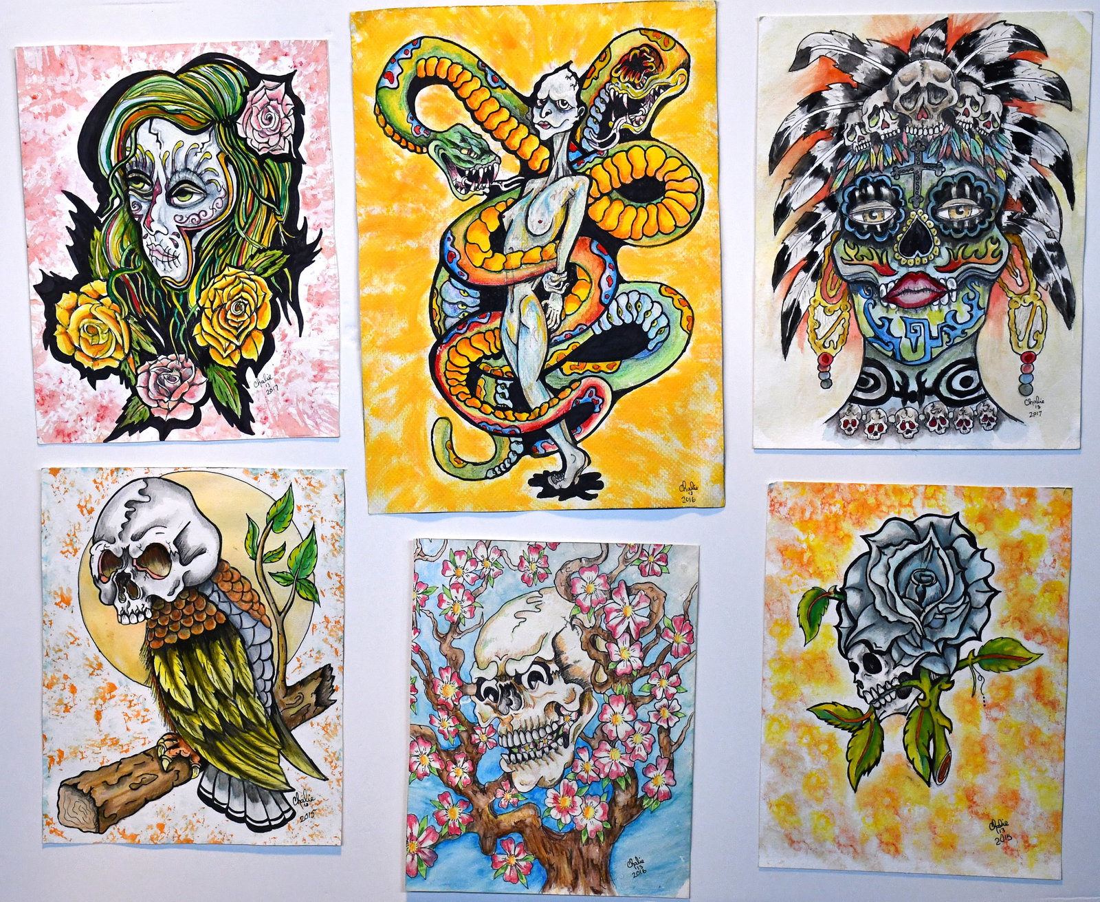 Chalie. Six Flash Style Works.: Chalie. Six Flash Style Works. 2015-2017. Signed and dated. Paint, ink, and mixed media on paper. Largest is 10" w x 14" h. Est. $300-500. Ship: $45 Please Read Before You Bid: By registering for and/