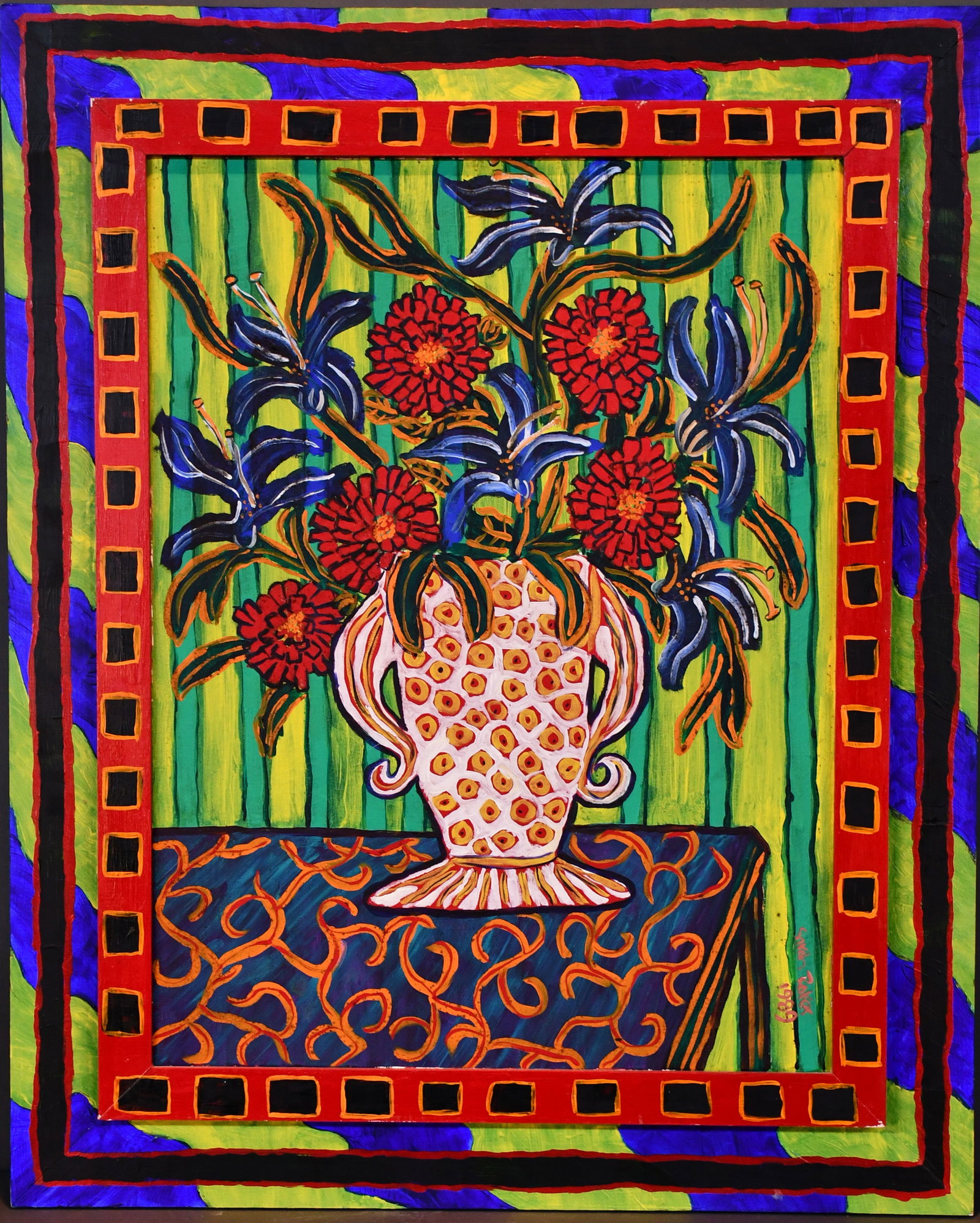 Sarah Rakes. Cut Zinnias and Lillies.: Sarah Rakes. Cut Zinnias and Lillies. 1989. Signed and dated. Oil on canvas with artist-decorated frame. Minor paint wear on corners, otherwise excellent condition. 26" w x 32" h. Est. $500-800. Ship: