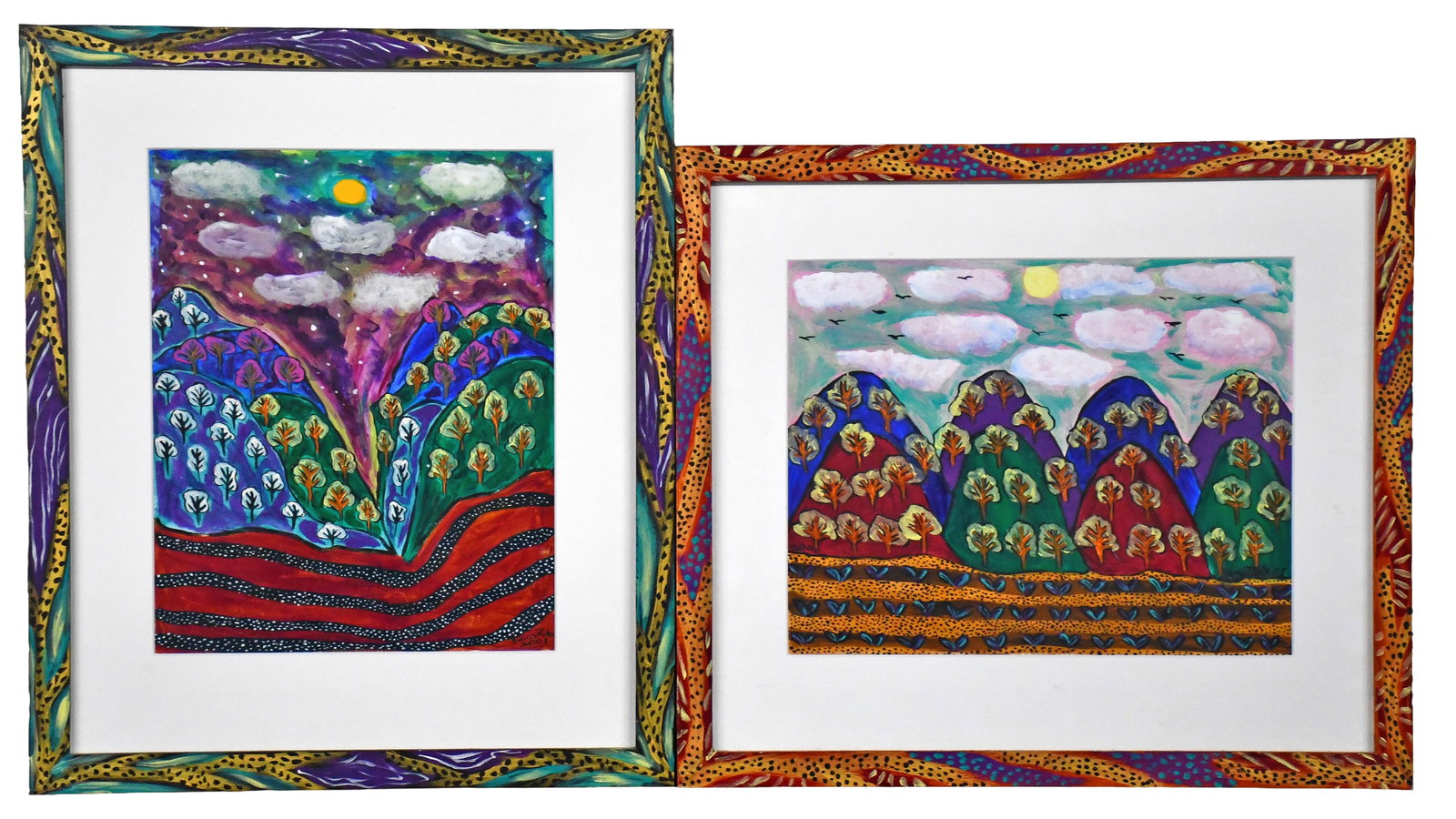 Sarah Rakes. Mountain Fog and Summer Crops.: Sarah Rakes. Mountain Fog and Summer Crops. 2000-2001. Signed, dated, and titled. Pair of works. Paint on paper. Excellent condition. Largest with artist-decorated frame is 18.5" w x 22" h. Est. $500-