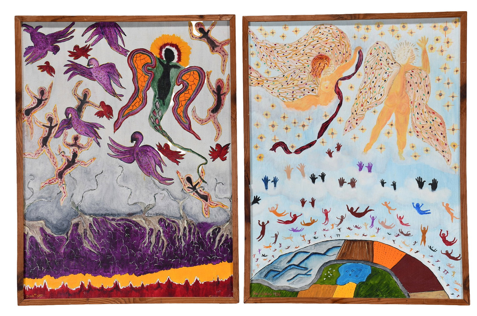 Sarah Rakes. Pair of Early Spiritual Works.: Sarah Rakes. Pair of Early Spiritual Works. 1986. Both are signed. One is dated. Oil on canvas. Minor crazing, otherwise great condition. 19" w x 25" h each including frames. Est. $500-1,000. Ship: $1